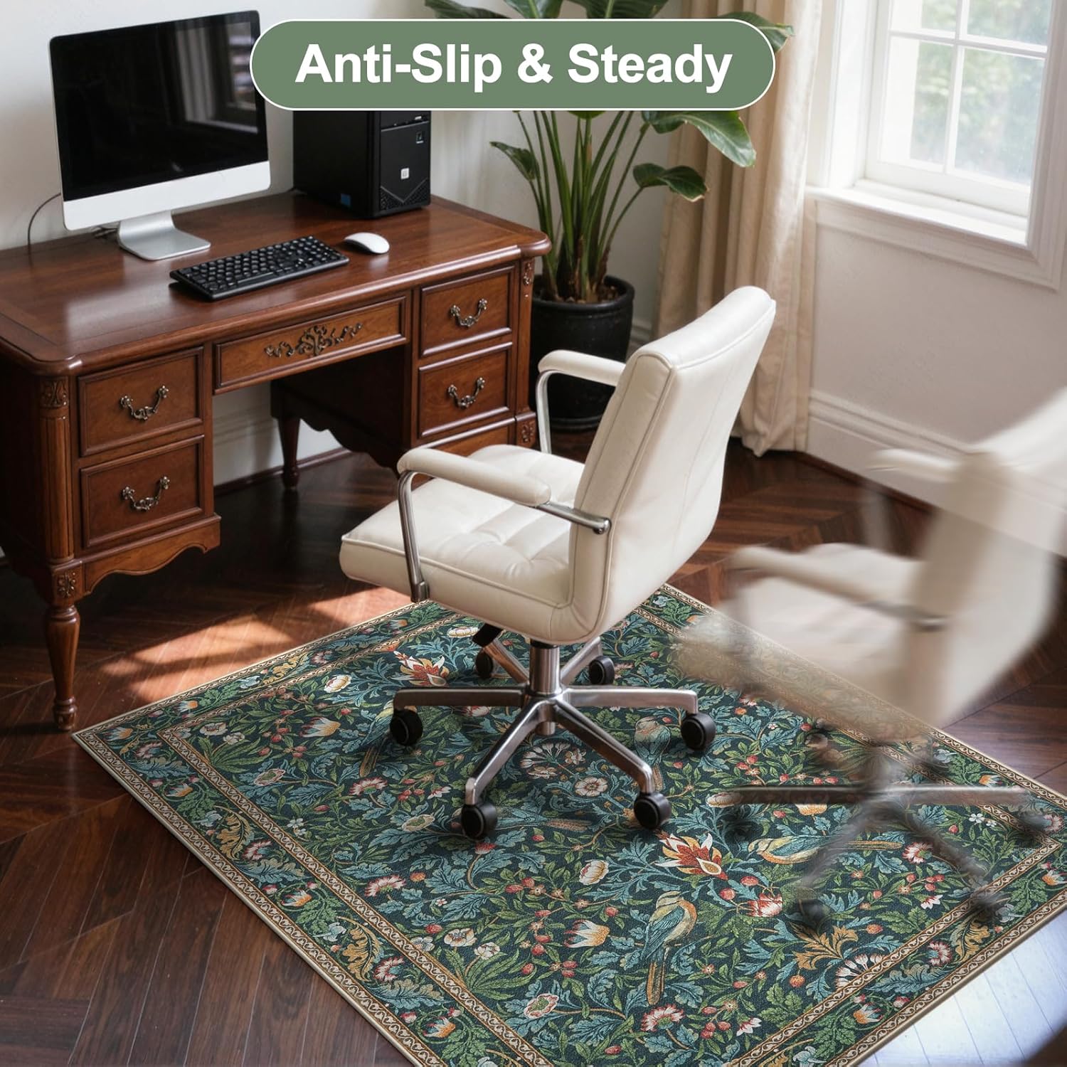 Anidaroel 48"x60" Office Chair Mat for Hardwood Floor, Anti-Slip Floor Mat for Office Chair, Vintage Floral Bird Desk Floor Mat, Low Plie Office Rugs for Rolling Chairs, Navy Blue