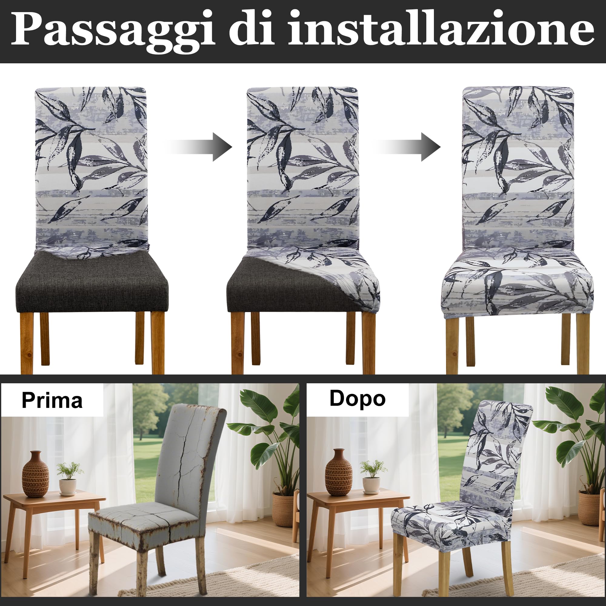 coprisedia con schienale、coprisedia elasticizzati、coprisedie antigraffio gatto、copri sedia da ufficio (set da 2/4/6 pezzi con schienale) per salotti, cucine, feste e hotel. (6, Foglia grigia 3)