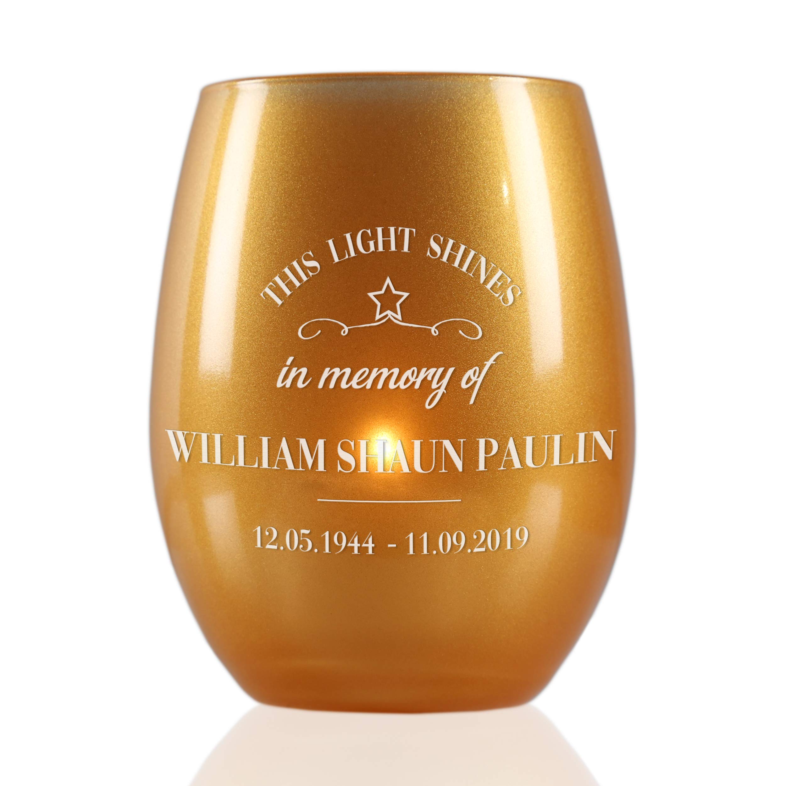 Personalised This Light Shines Memorial Candle Holder Including 8hr Tea Light (Gold)