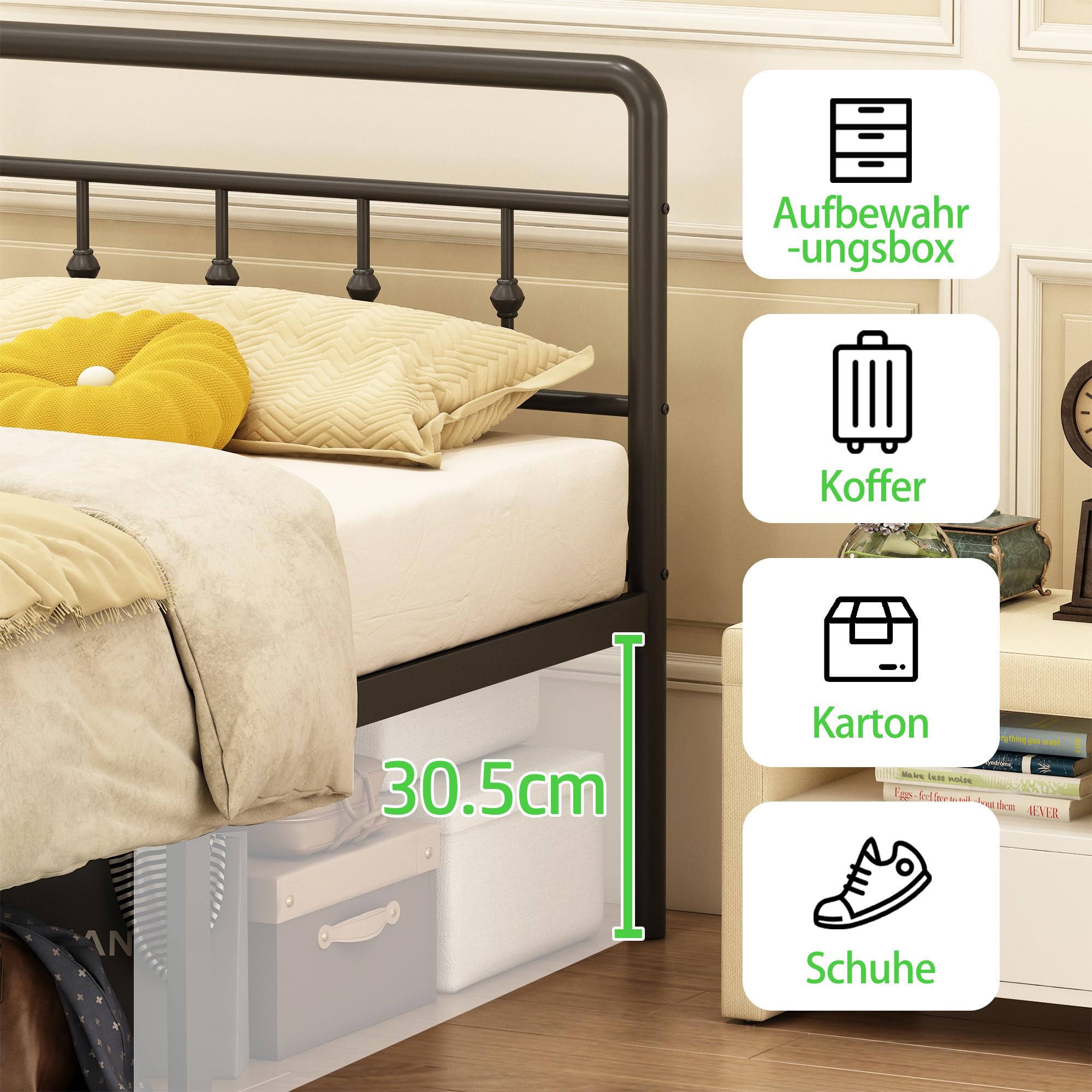 EMODA Bettgestell 180 x 200 cm, Metallbett Doppelbett mit Kopfteil und Fußteil im viktorianischen Stil, 36 cm hoch mit Stahl-Lattenrost, Geräuschfrei, Einfache Montage, Schwarz