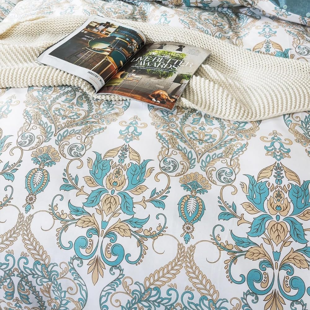 AShanlan Boho Bettwäsche 220x240 Baumwolle Weiß mit Blau Paisley Bettbezug 3teilig Bohemian Style Blumen Angenehme Vintage Muster Wendebettwäsche und 2 Blümchen Kissenbezüge 80x80 mit Reißverschluss
