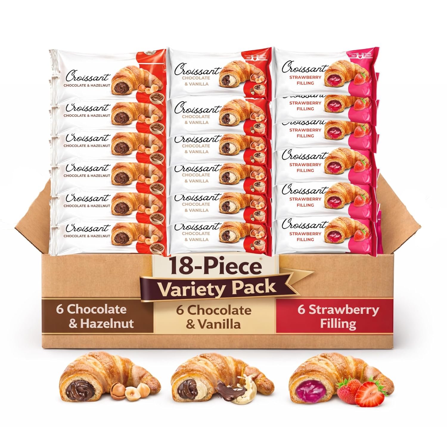 Croissant Variety Pack – 18 Individually Wrapped Croissants, 6 Chocolate Hazelnut, 6 Chocolate Vanilla & 6 Strawberry Filling, 45g each – (Pack of 18)