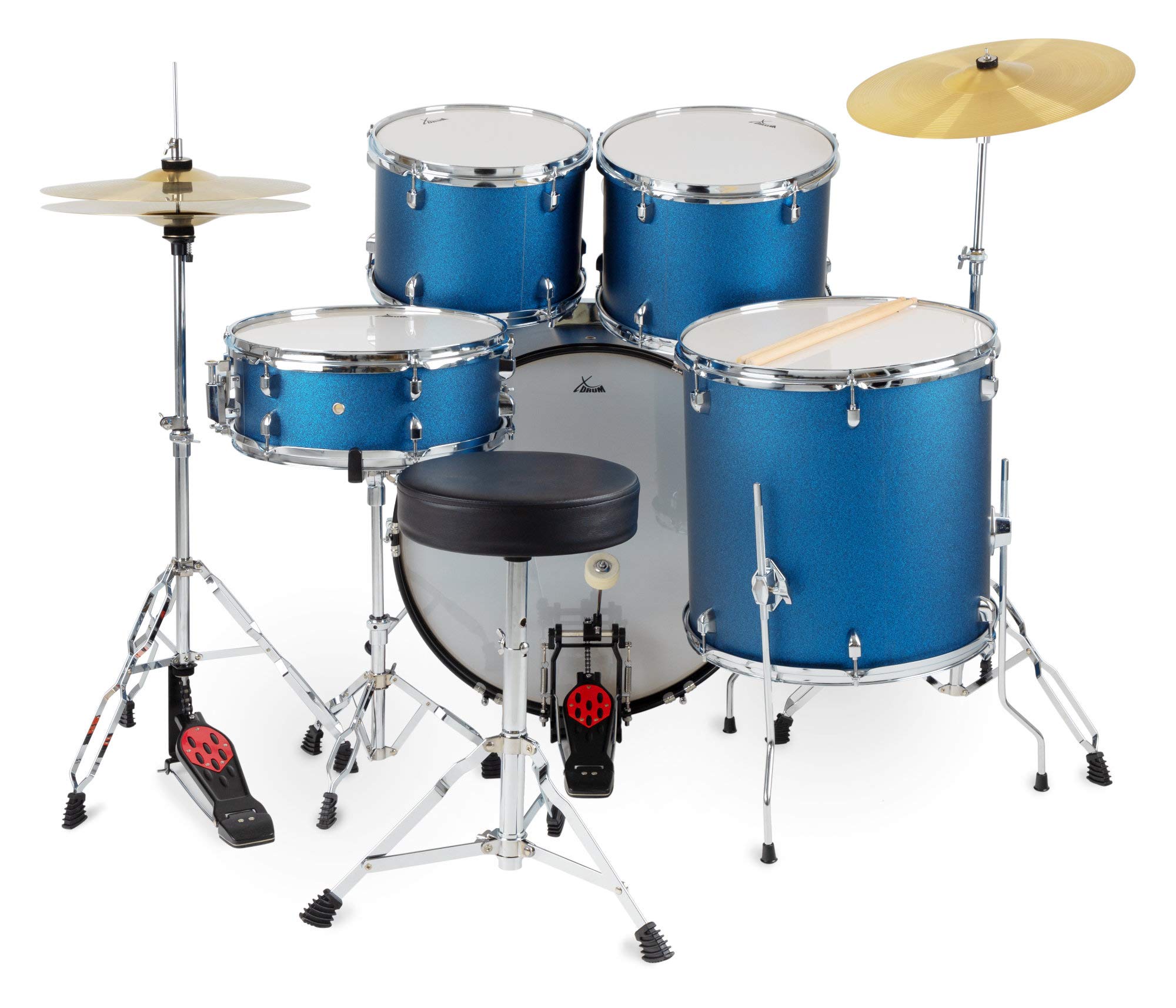 XDrum Semi 22" Standard Batterie Satin Blue Sparkle - 22" BD, 12" TT, 13" TT, 16" FT, 14" SD - incl. École - Bleu