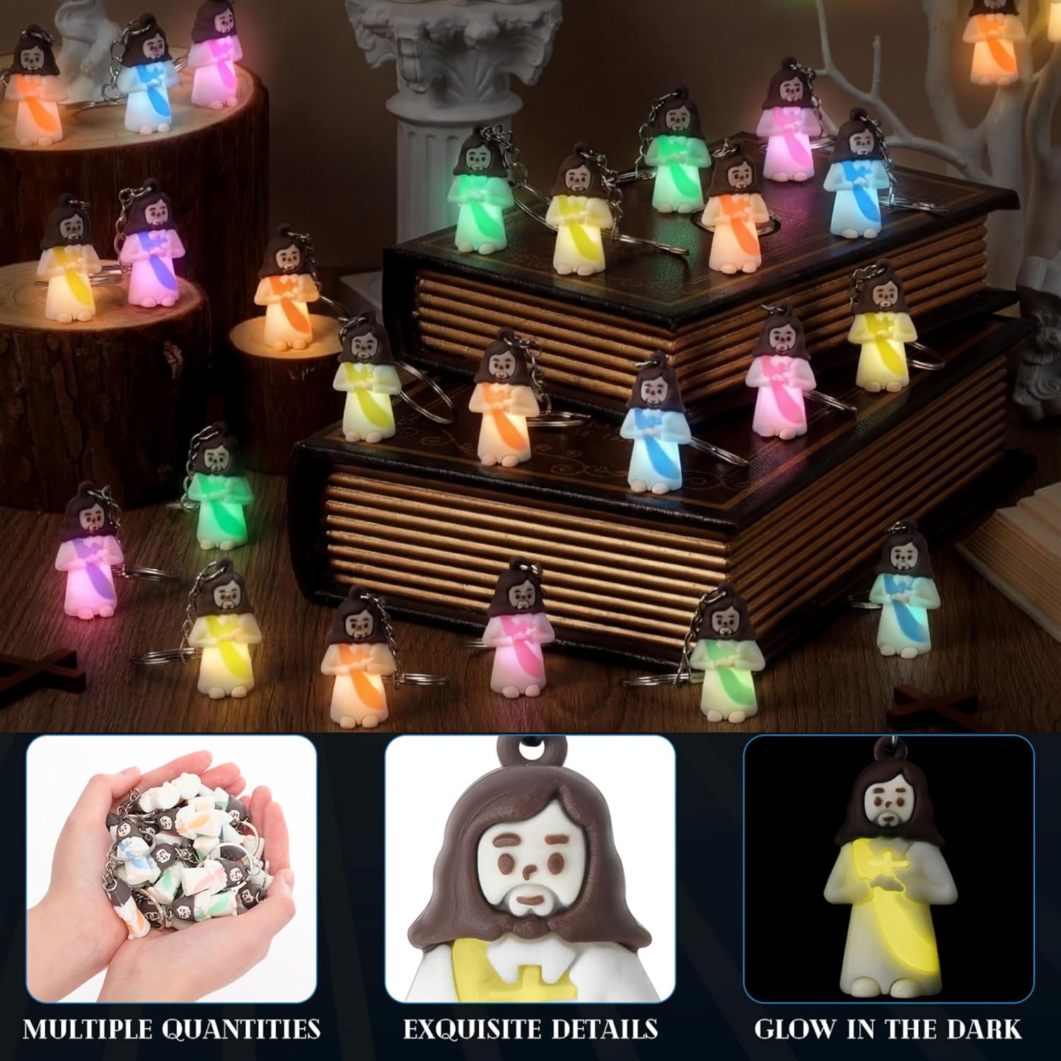 200 Pcs Easter Glow Mini Jesus Keychains, Easter Egg Fillers and Basket Stuffers, Glow in The Dark Little Jesus Keyring (Pray)