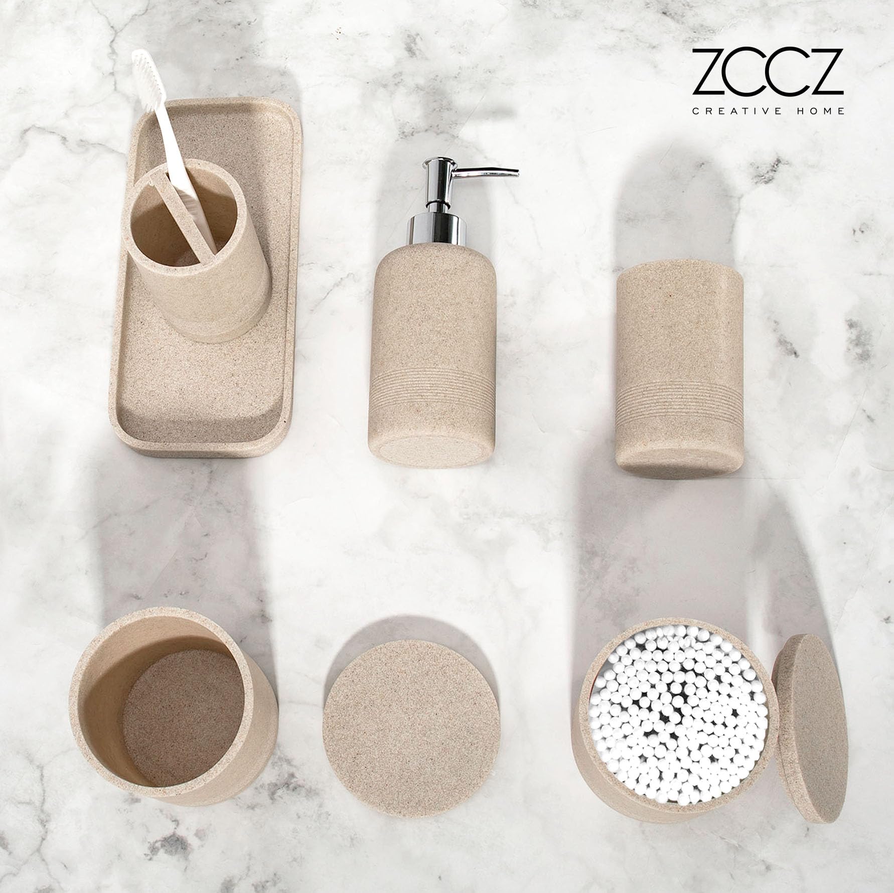 zccz Accessoires Salle de Bain Beige -Decoration Salle de Bain avec Distributeur Savon, Porte Brosse à Dents, 2 Supports QTip et gobelet