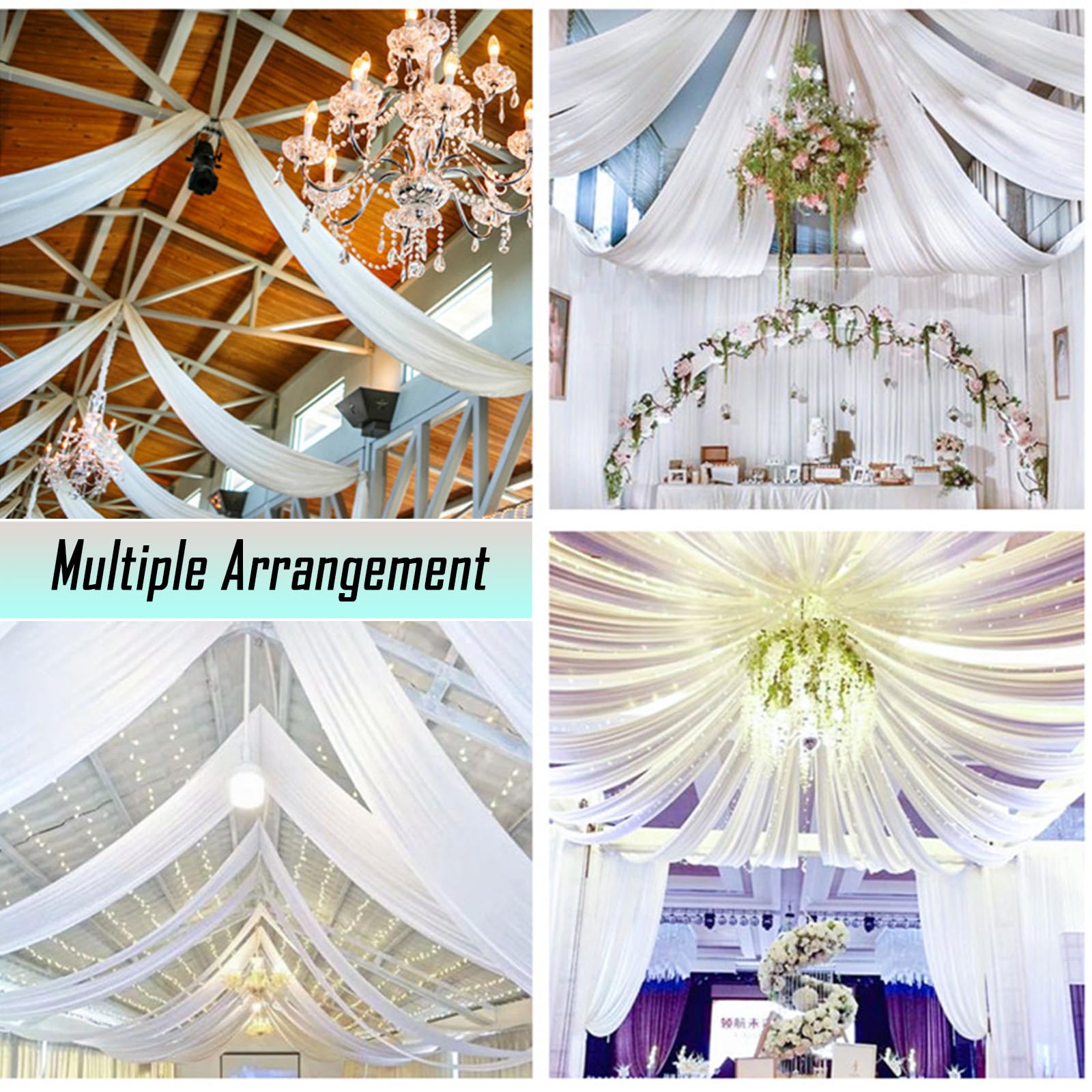 Deckenvorhänge für Hochzeiten, weiß, 6 Paneele, 15,2 x 3 m, Hochzeitsbogen-Drapierstoff, durchscheinende Vorhänge, Chiffon-Stoff, Hochzeitsvorhänge, Tüll, durchscheinende Vorhänge für Party,