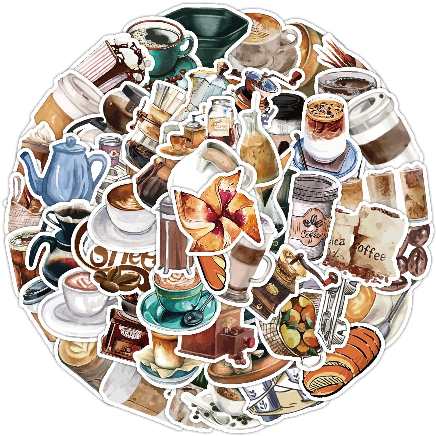 50Pcs Coffee Stickers Laptop Car Scrapbook Phone Skateboard Suitcase Luggage Bike Caf Americano Stickers Vinyl Waterproof Aesthetic Personalised Stickers for Teens Boys Girls Adults Children
