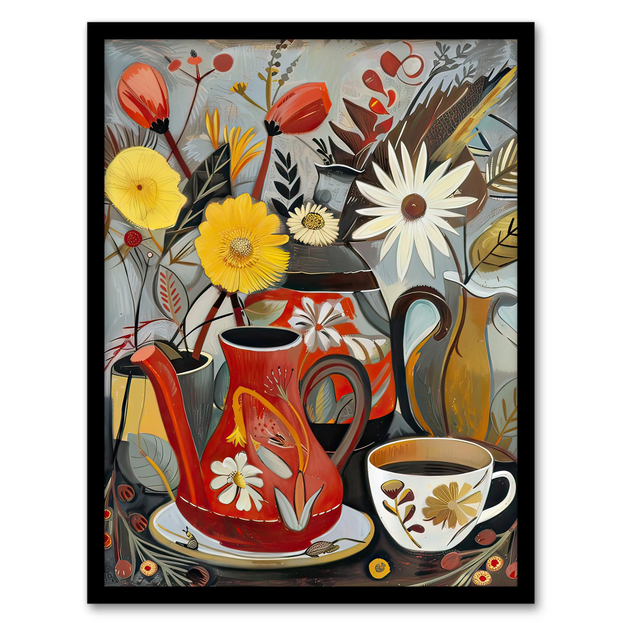 Artery8 Coffee Pot Cup Wildflower Bouquet Vase Painting Kitchen Artwork Framed Wall Art Print 18X24 Inch