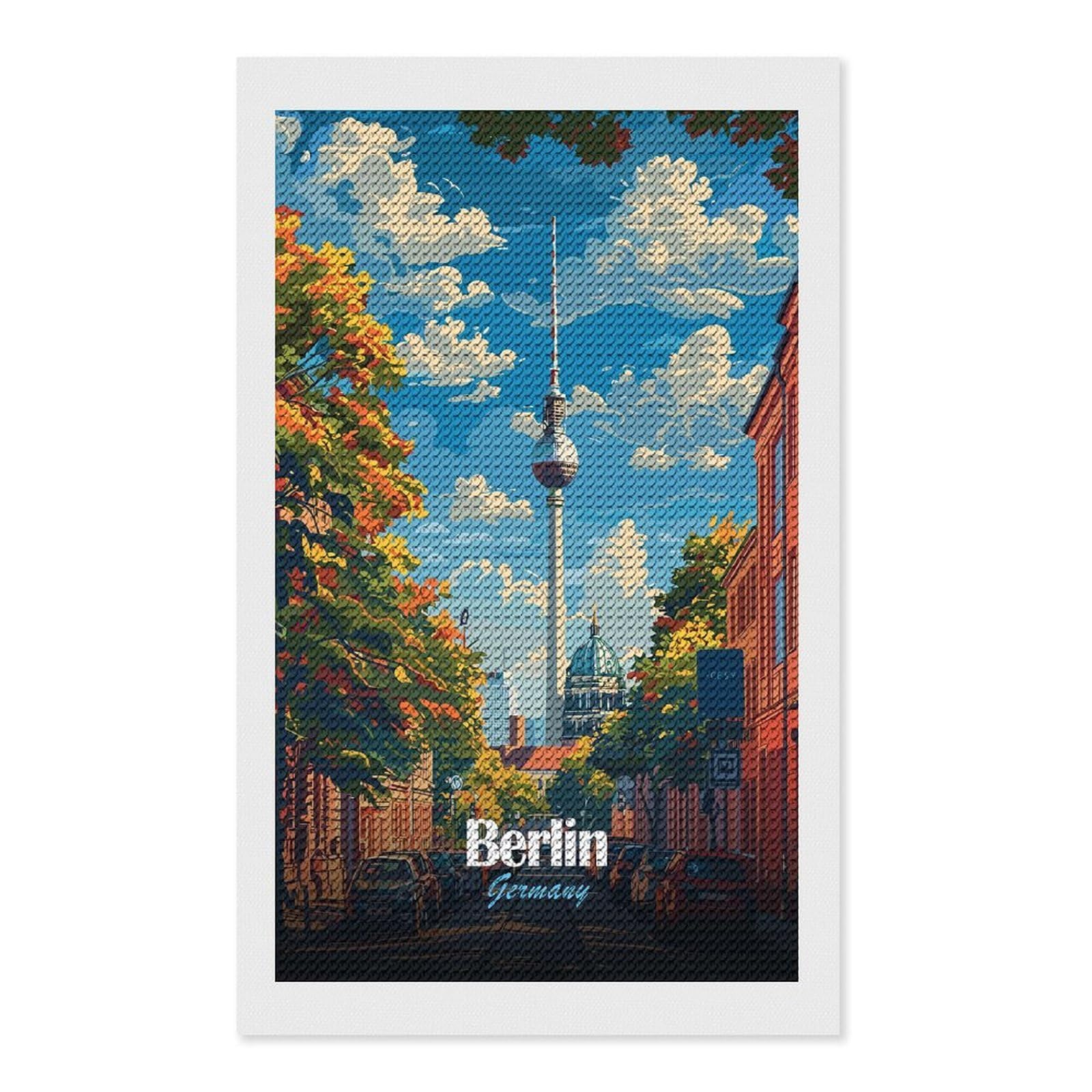 Junmoney Berlin, Germany Cityscape Illustration Diamond Art Canvas 12"x20", Decorate Your Room, Mindful Craft Activity, Cosy Home Accent, Thoughtful Handmade Gift