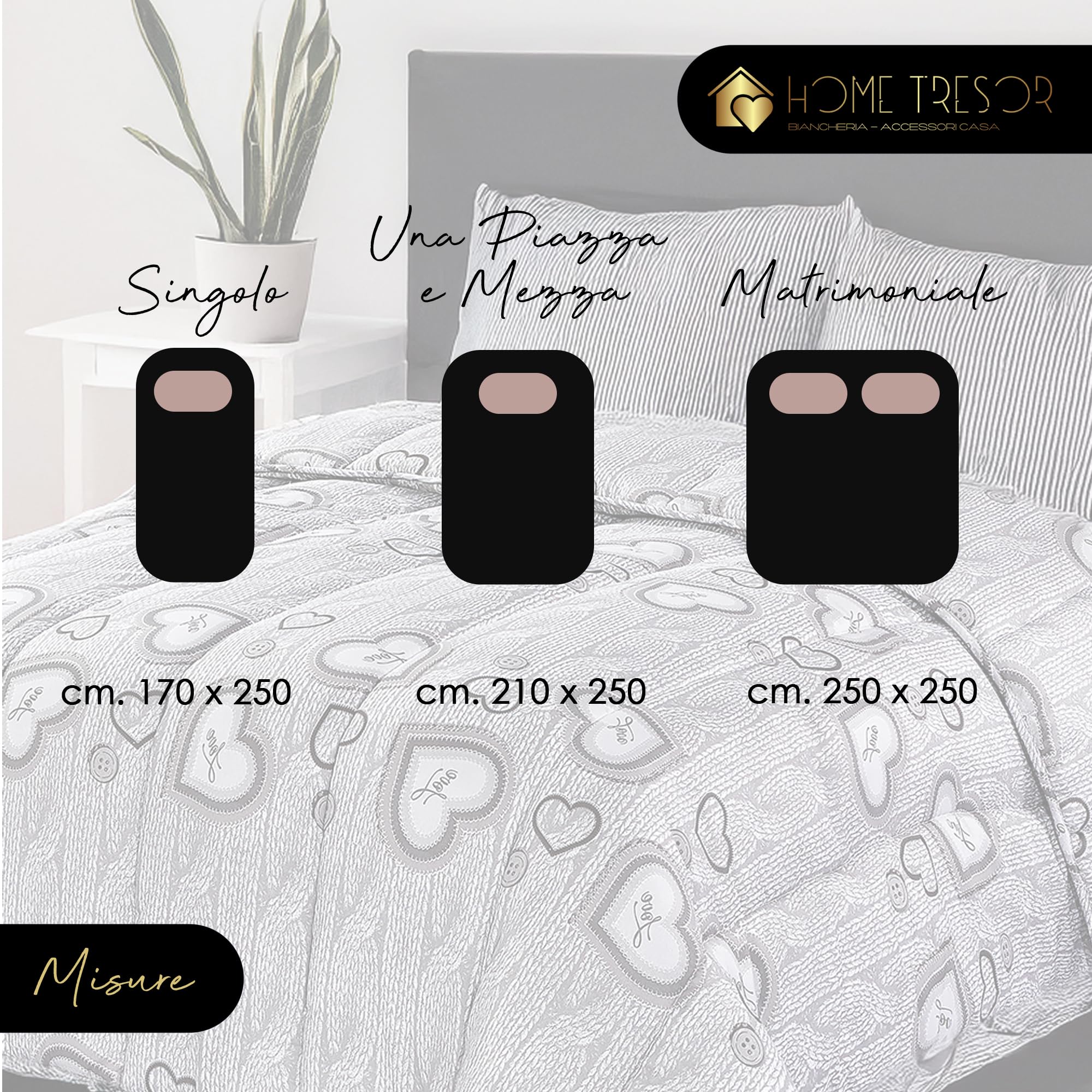 Home Tresor - Trapunta Matrimoniale Invernale Imbottita Shabby Chic, Piumone Letto Caldo Pesante Autunno Inverno 325 gr/mq Trapuntato in Morbida Microfibra Love Cuori