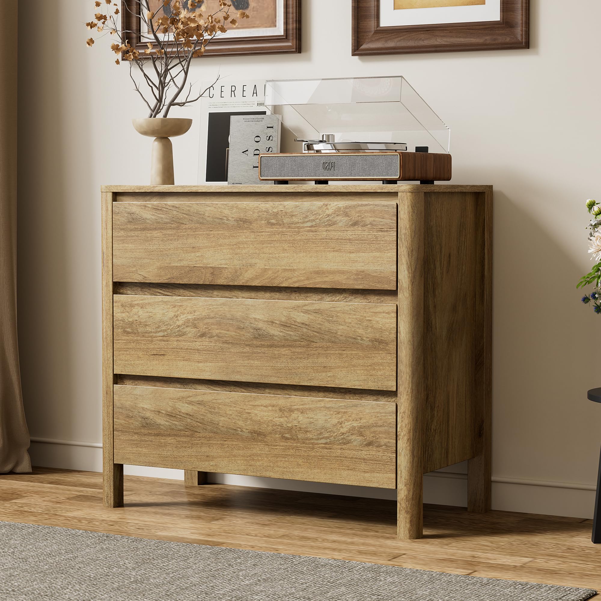 Furniway 31.5" Wide 3 Drawer Wood Dresser for Bedroom, Natural Oak