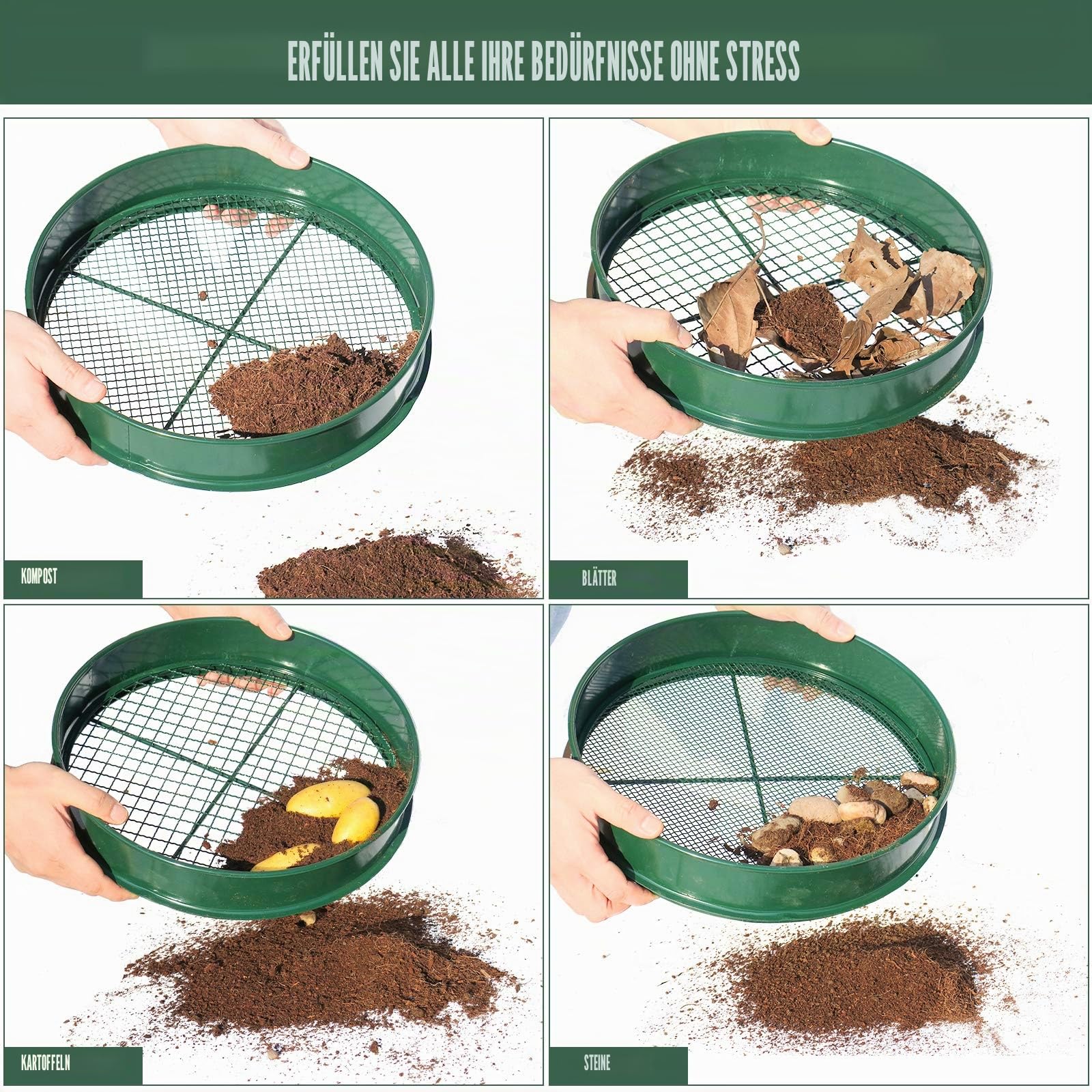 KOOLPUG Gartensieb, 3-in-1 Erdsieb mit austauschbaren Maschengrößen 3/6/12 mm, Kompostsieb, Bodensieb, Feines Gartensieb für Erde, Steinen und Kompost, Gartenwerkzeuge
