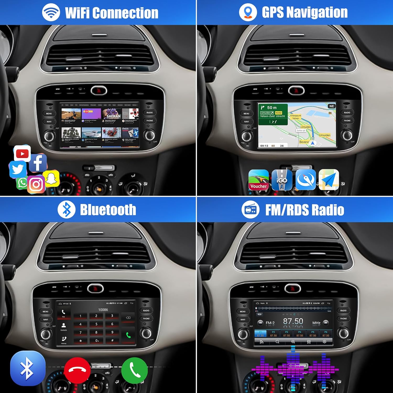 Four panels showing different features of the SIXWIN Android 13 Autoradio: WiFi Connection, GPS Navigation, Bluetooth interface for calls, and FM/RDS Radio with an equalizer display.