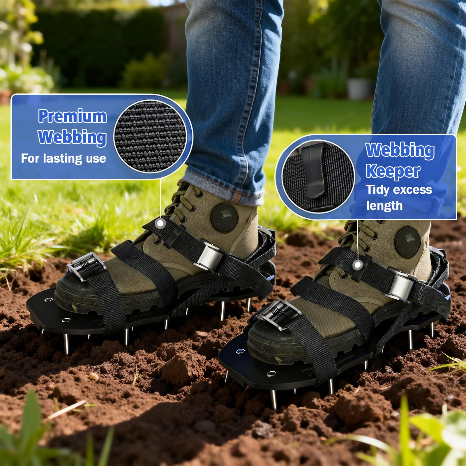 Lawn Aerator Shoes Upgraded Heavy Duty Metal Buckle Soil Spike Aerating Shoe Adjustable Straps Universal Size Scarifier Mud Shovel Lawns Tool for Yard Patio Garden, Nail 2.24"/5.7cm (Black) — view 6