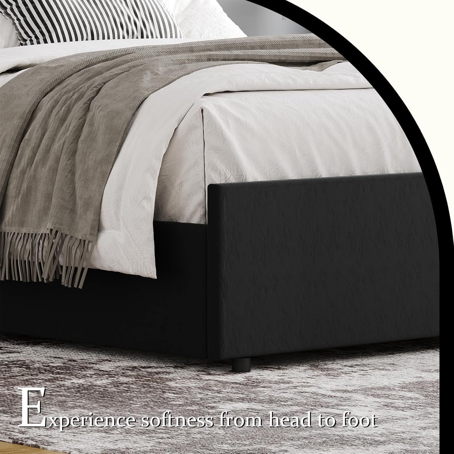 HOMBCK Queen Bed Frame, Velvet Upholstered Platform Bed with Channel Tufted Headboard and Plating Trim, Wingback,Wooden Slats, No Box Spring Needed, Black