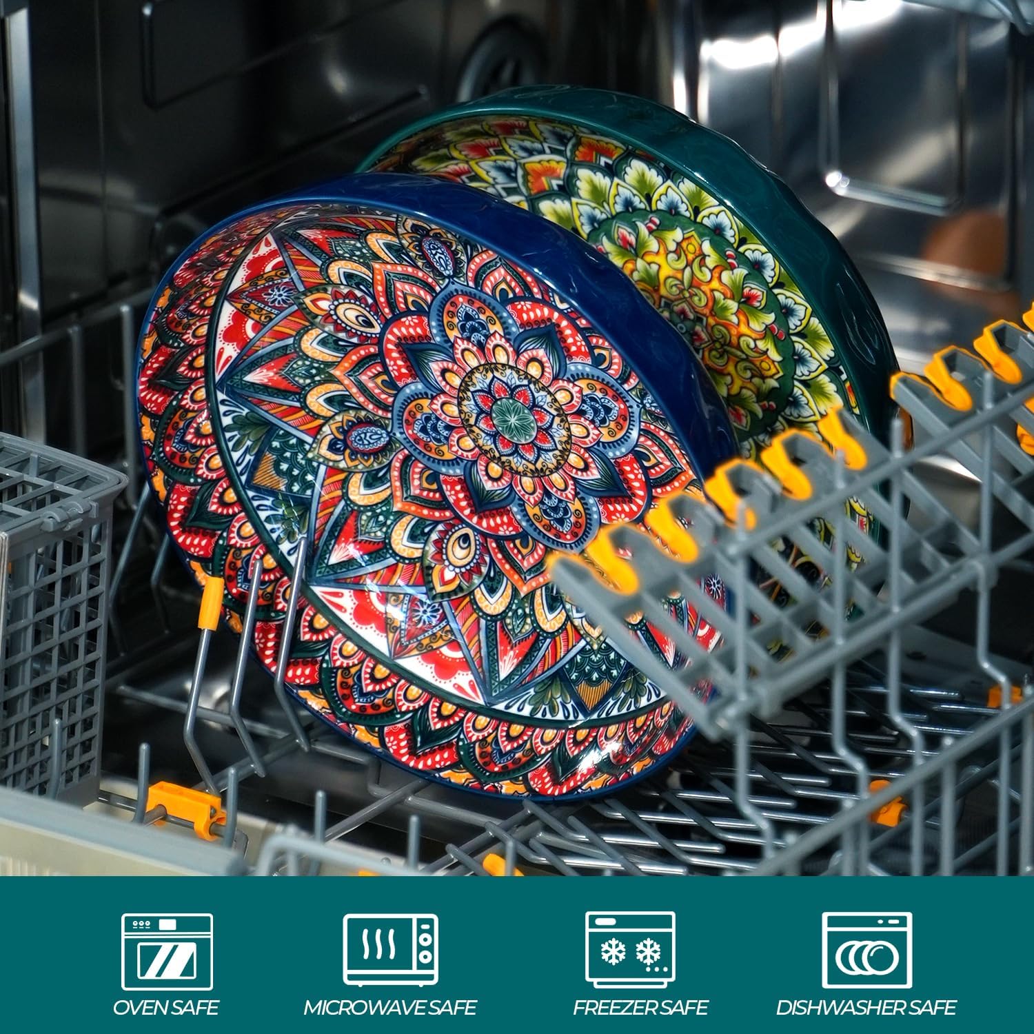 Large Serving Bowls, 10 inch Porcelain Bowls, 75 Oz Fruit Salad Soups & Pasta Bowls for Entertaining, Dinner, Party - Stylish Decorative Dishes, Set of 2, Microwave & Dishwasher Safe - GREEN - Image 5