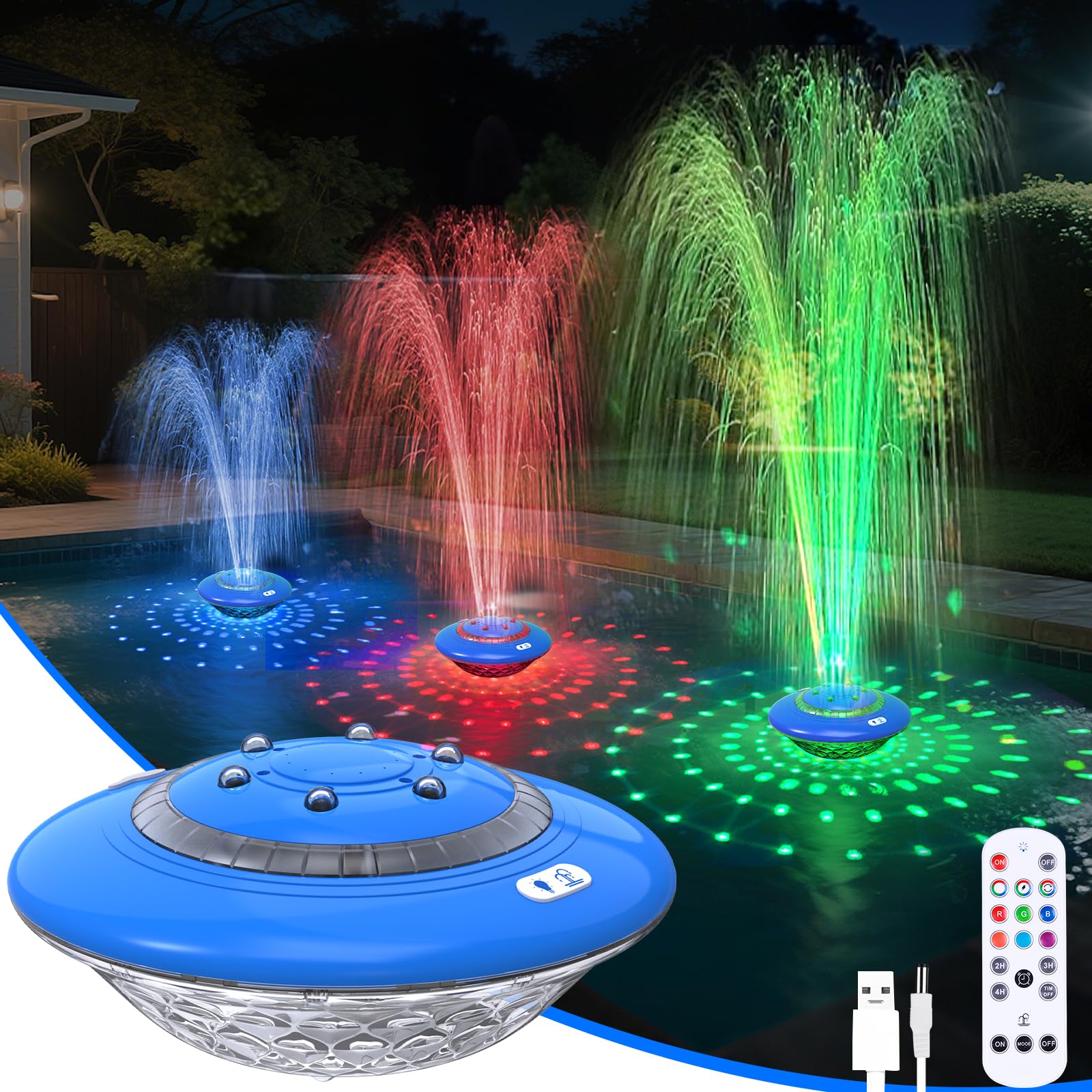 Photo 1 of Floating Pool Fountain with Lights Show, 9 Pool Light Modes and 3 Fountain Modes with Remote for Inground Above Ground Pool, Upgraded Rechargeable Pool Fountains with Anchor-1 PC