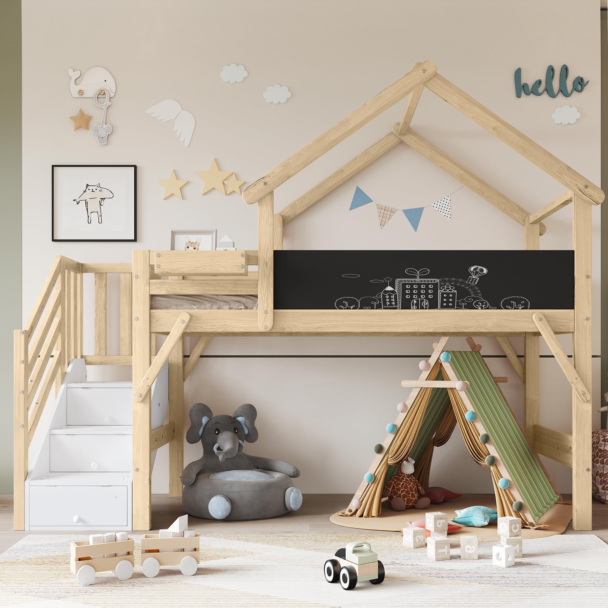 Litera Infantil YuQozii Con Ventanas - Escalera Segura Y Cercado Completo, 90x200 Cm, Blanco/natural