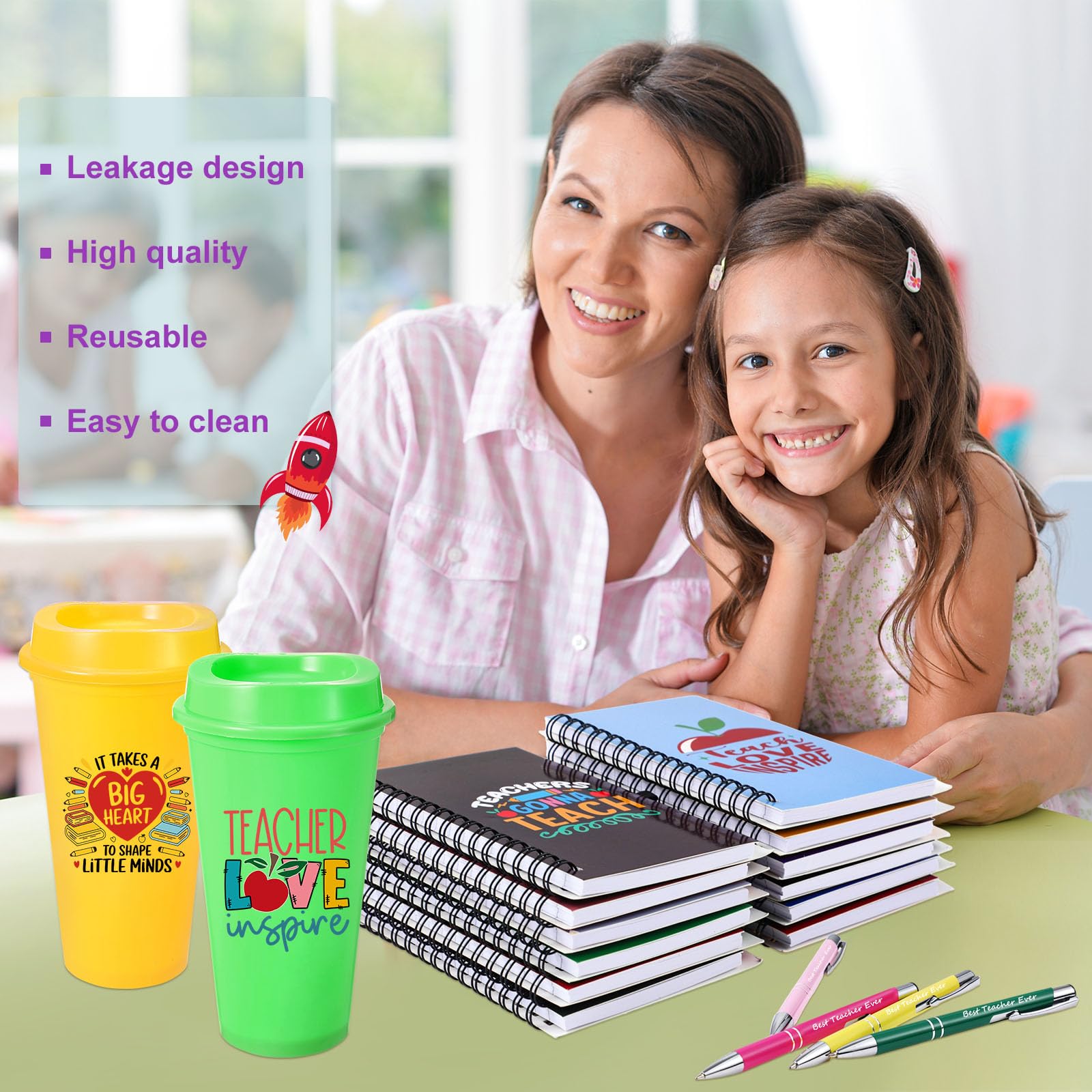 Teenyyou Juego de 72 piezas de regalo de agradecimiento para profesores, incluye tazas de café de plástico de 16 onzas con tapa, cuadernos motivacionales y bolígrafos para mujeres, profesoras