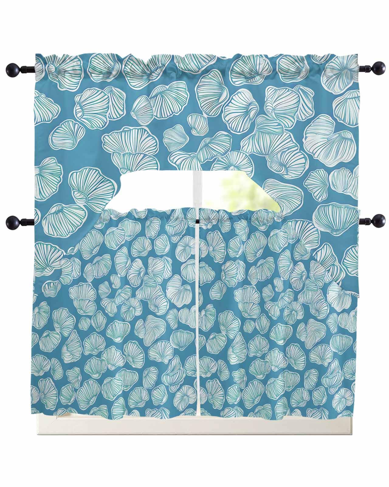 Ocean Conch Swag Kitchen Curtains Valance and Tier Set 36 Inch Length, Coastal Teal Blue Shell Summer Beach Rod Pocket Swag Curtains for Living Room Bedroom Bathroom Window Drapes 3 Piece