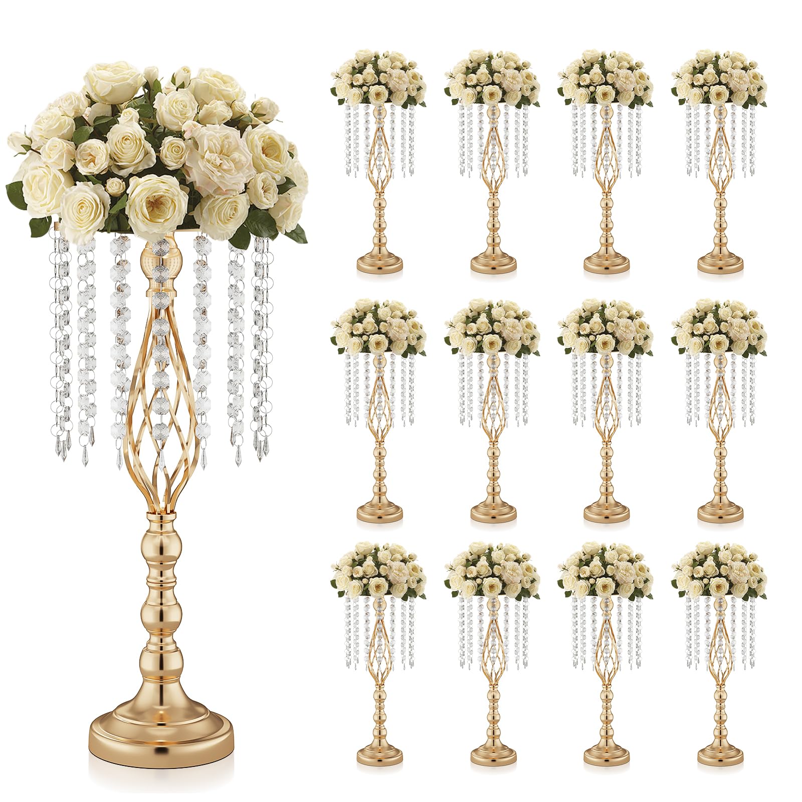 12 Pcs 21.7 Inch Tall Gold Centerpieces For Table Wedding-Metal Flower Gold Vases For Centerpieces For Wedding Reception With Crystal Fringe-Flower Stand For Wedding, Birthday(Centros De Mesa)