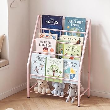 JAQ Kids Bookshelf for Toddlers, Easy Assembly 4-Tier Forward Facing Book Display Shelf for Nursery & Playroom, Pink Metal Sling Bookshelf for Small Spaces, 24.9