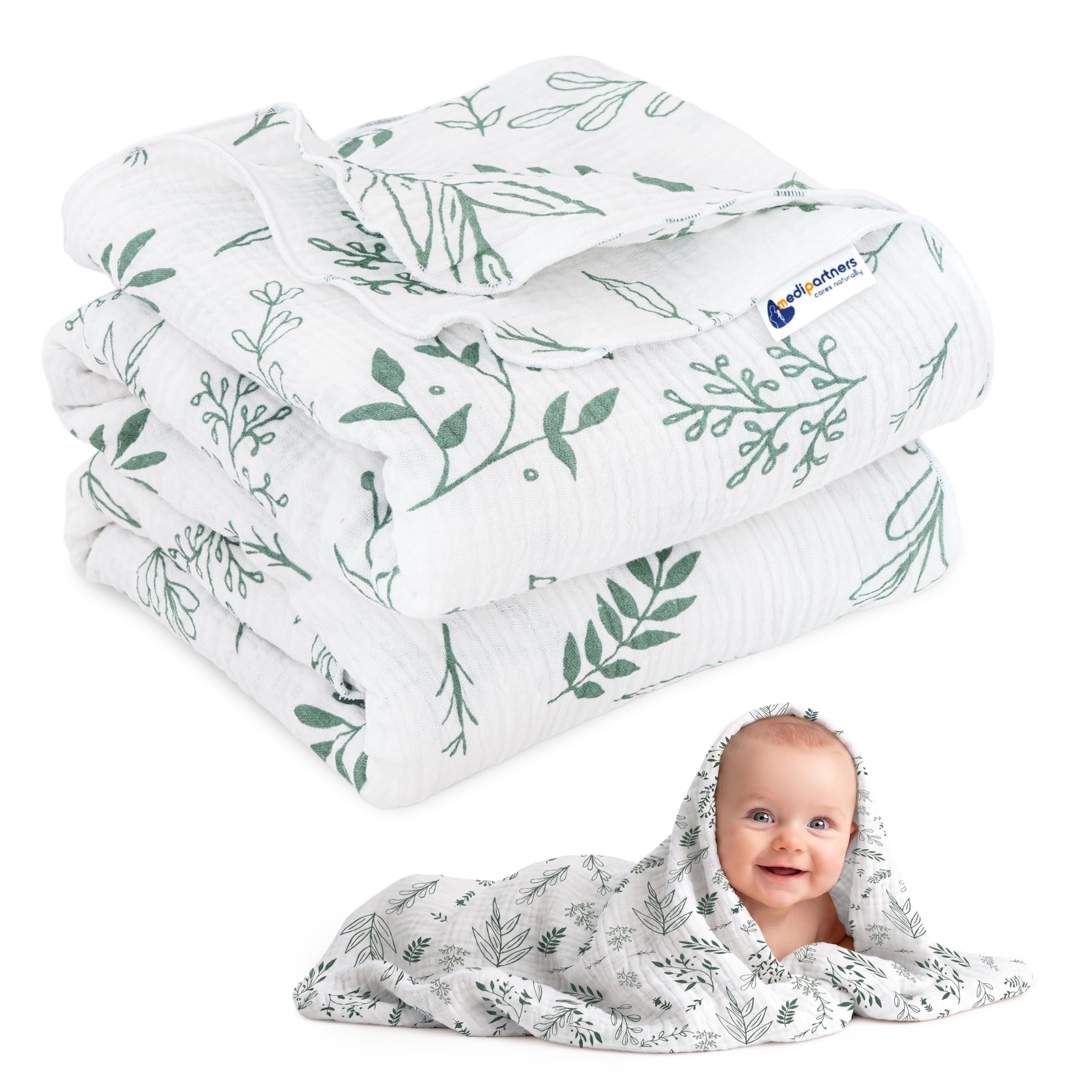 Medi Partners Muslin Baby Blanket 100 x 150 cm Baby Blanket Muslin Blanket Newborn - Thin Cuddly Blanket Summer Baby Blankets for Toddlers Crawling Blanket Children's Bed Pram (Olive Leaf)