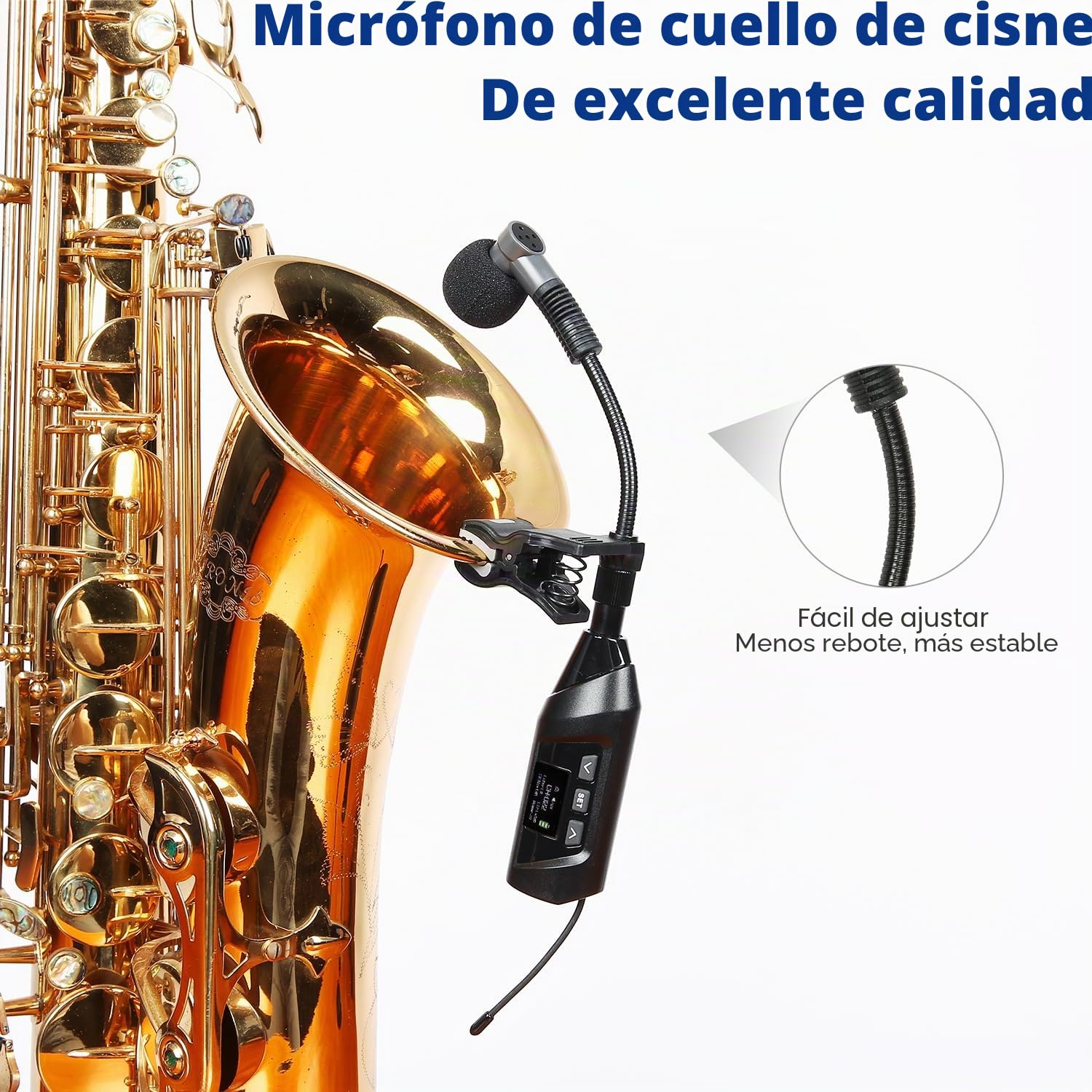 SGPRO Sistema de micrófono para saxofón inalámbrico y latón, micrófono con clip con ecualizador y eco preestablecidos, transmisión de 59,7 m, transmisor y receptor recargables, duración de la batería