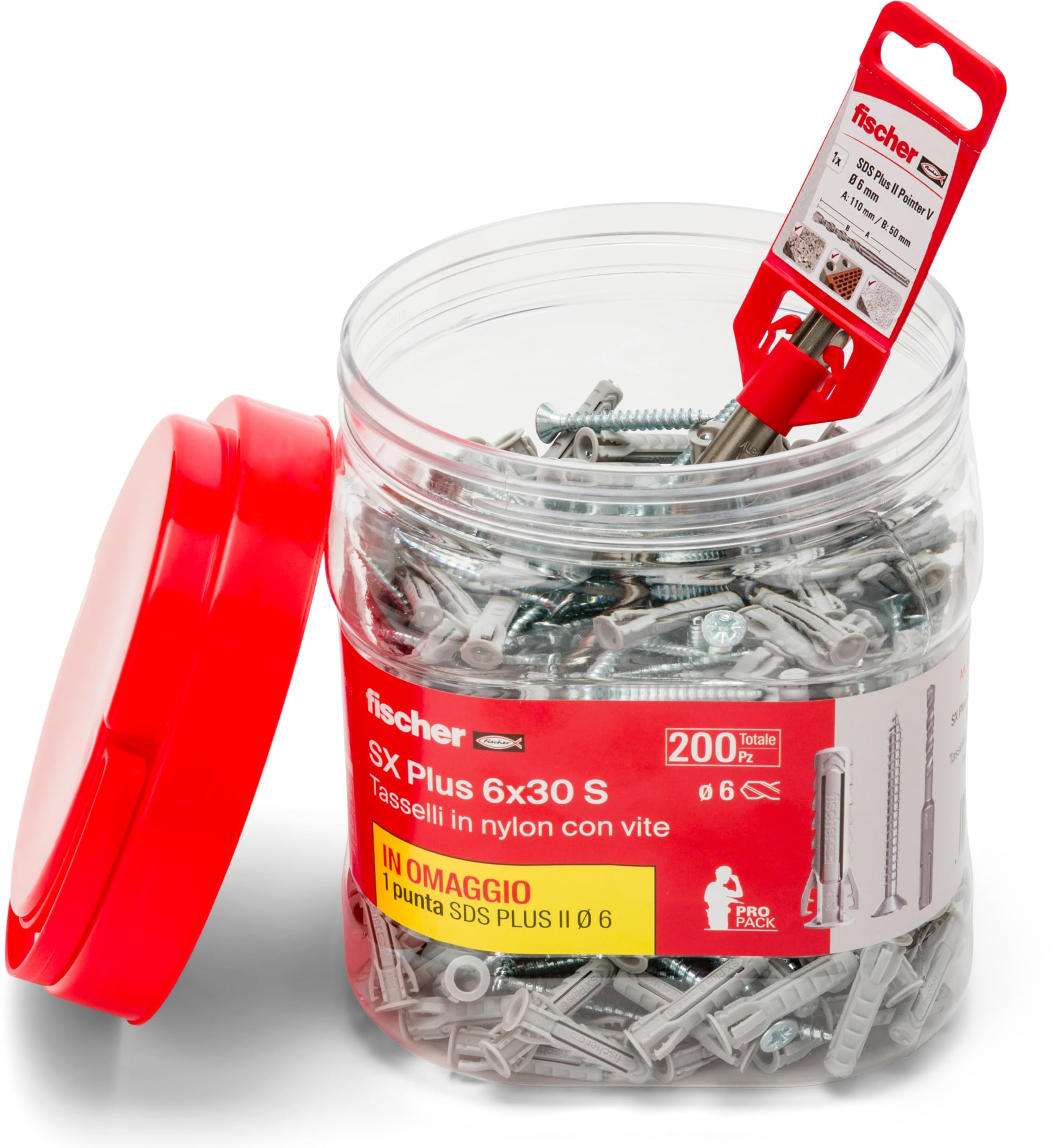 fischer Propack SX Plus 6 S, 200 tacos 6 x 30 con tornillo + broca SDS 6 mm, reutilizable, para fijación en hormigón y mampostería 570206