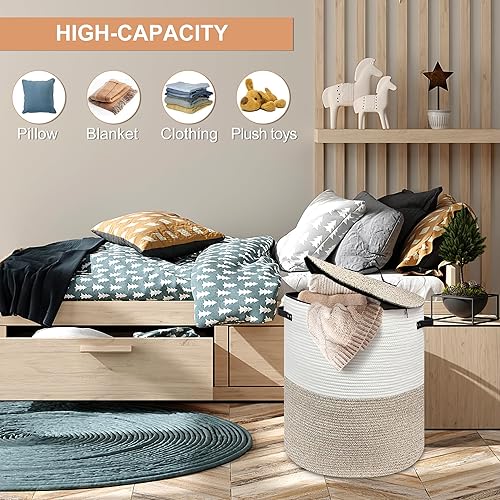 Miniatura 35 de Cesta de lavandería con tapa, cesta de lavandería tejida, manta y cesta de almacenamiento de juguetes para sala de estar, dormitorio, baño, Marrón