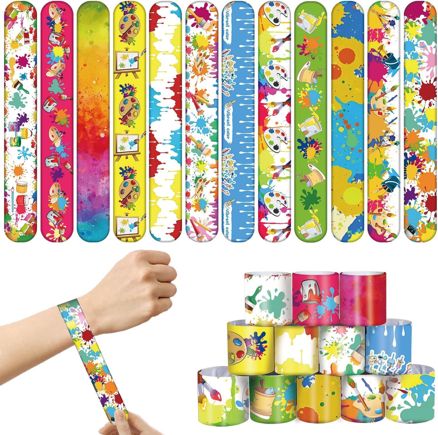 YYMYMGJ 48PCS Art Slap Bracelets Paint Art Party Favors for Creative Paint Splash Art Themed Party Kids Birthday Party Baby Shower Holiday Party Gift Supplies Decorations for Kids