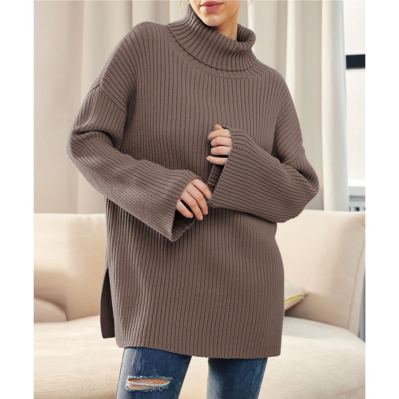 Greabuy Maglione a collo alto oversize alla moda da donna maglione a costine felpa per donna maglione casual camicie da donna maglioni da donna felpe leggere in maglia, Verde militare, L