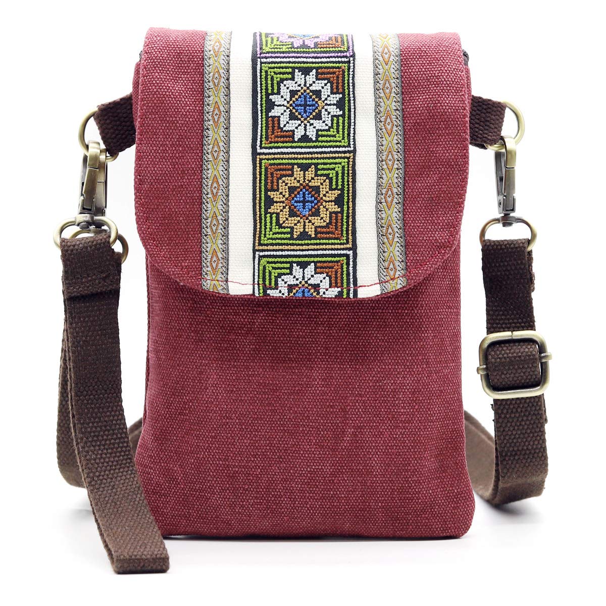 SILKAREA Vintage Embroidered Canvas Flip Small Crossbody Bag Cell Phone Pouch for Women Wristlet Wallet Bag Coin Purse