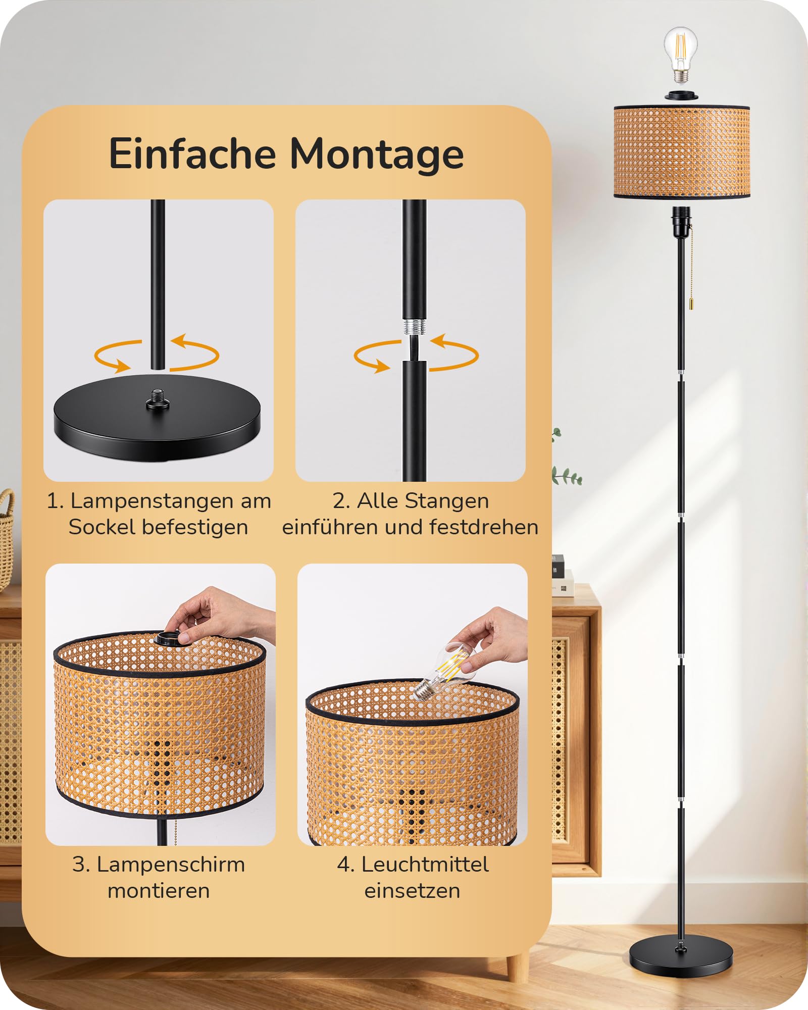 EDISHINE Stehlampe Wohnzimmer, Moderne Stehleuchte Schwarz mit Rattan-Lampenschirm und Zugschalter, E27 Fassung inkl. LED-Lampe, 2700K Warmweiß für Schlafzimmer, Flur