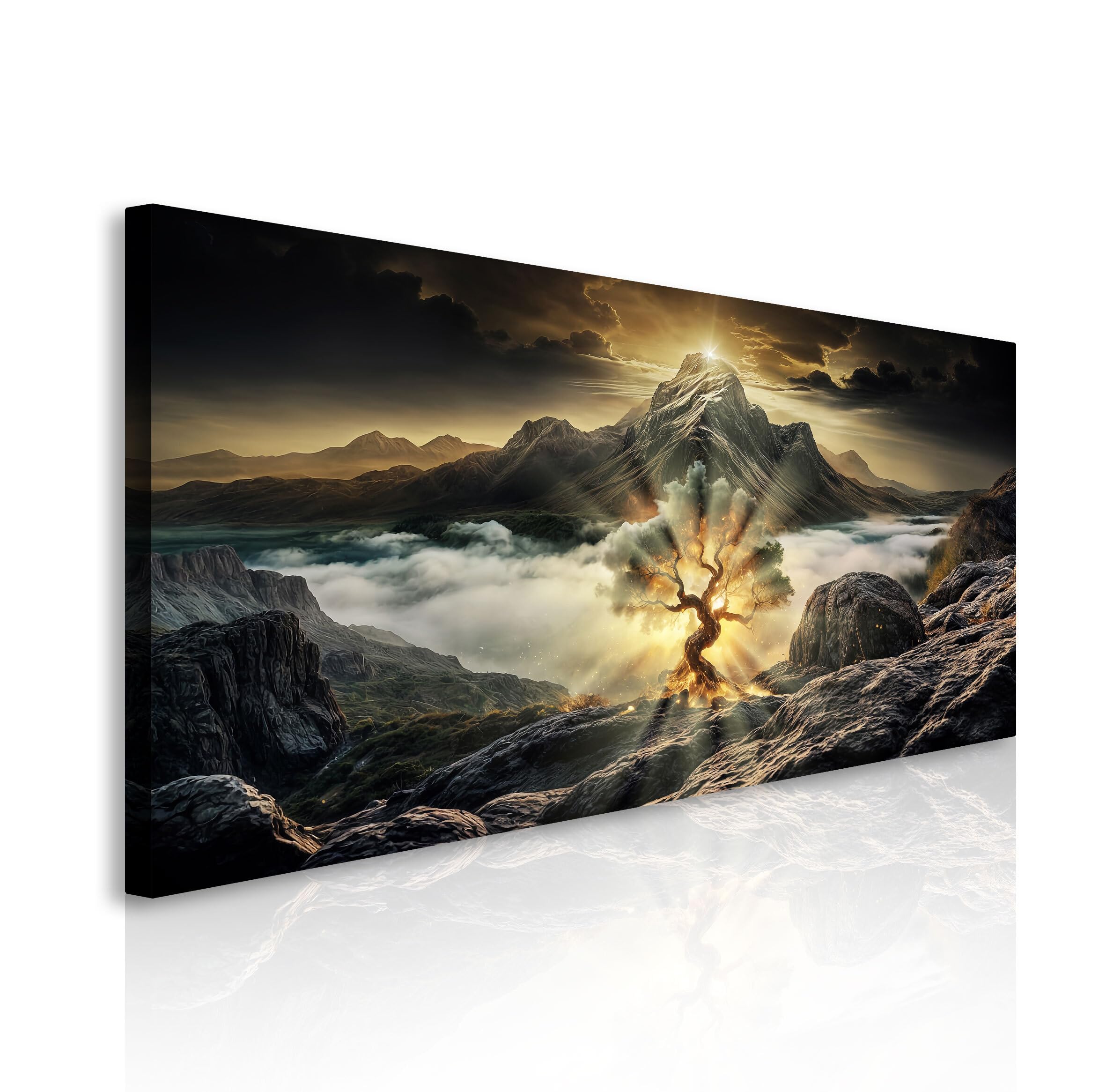 TAILORED CANVASES Burning Bush Faith Wall Art, Glowing Tree of Life Canvas – Mystical Fantasy Mountain Landscape Prints, Surreal Nature-Inspired