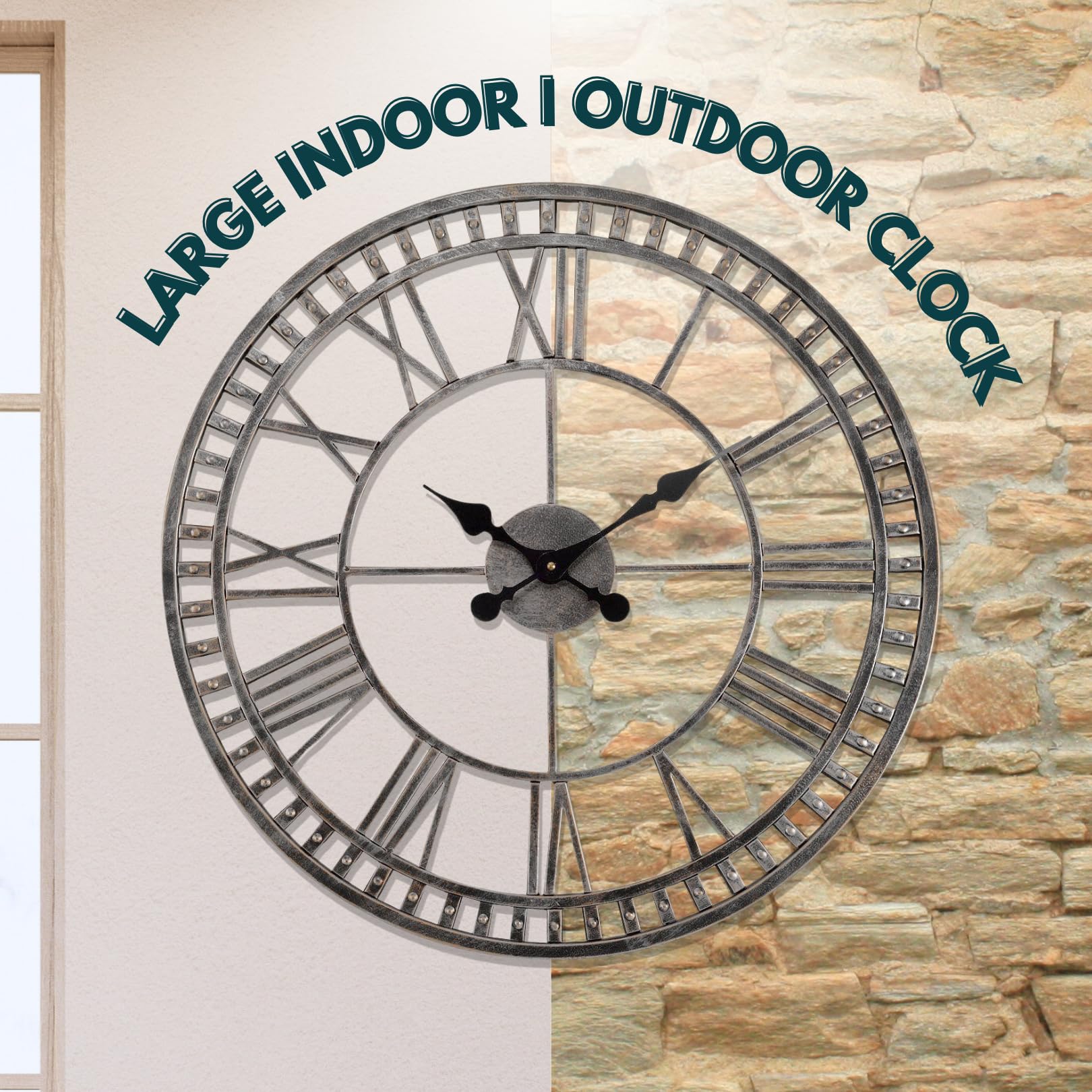 Garden Mile Horloge murale à chiffres romains ouverts de 60 cm pour extérieur/intérieur et extérieur - Étanche - Pour salon, cuisine, jardin