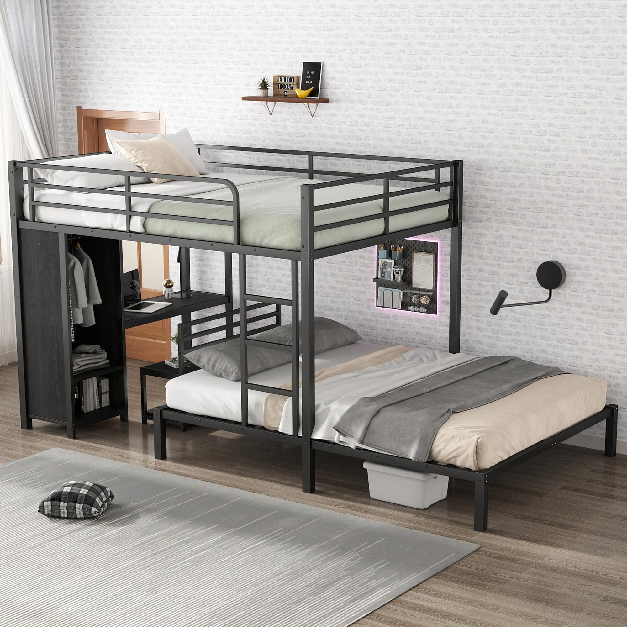 Bellemave Queen bunk Bed, Queen loft Bed with Desk and Shelves and Wardrobe, Black