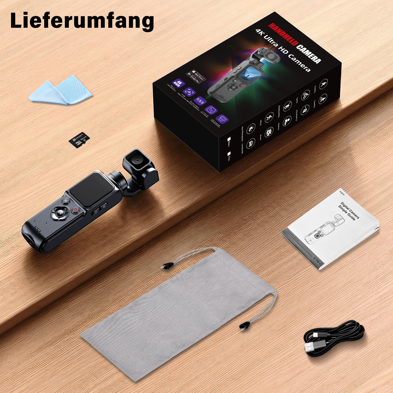 Action Kamera 4K, Vlog Kamera mit 1,72-Zoll-Touchscreen und 2-Achsen Stabilisierung, Digitalkamera mit 64GB Karte, AI Tracking & App Verbindung, Kompakte Video Kamera für Reisen Outdoor