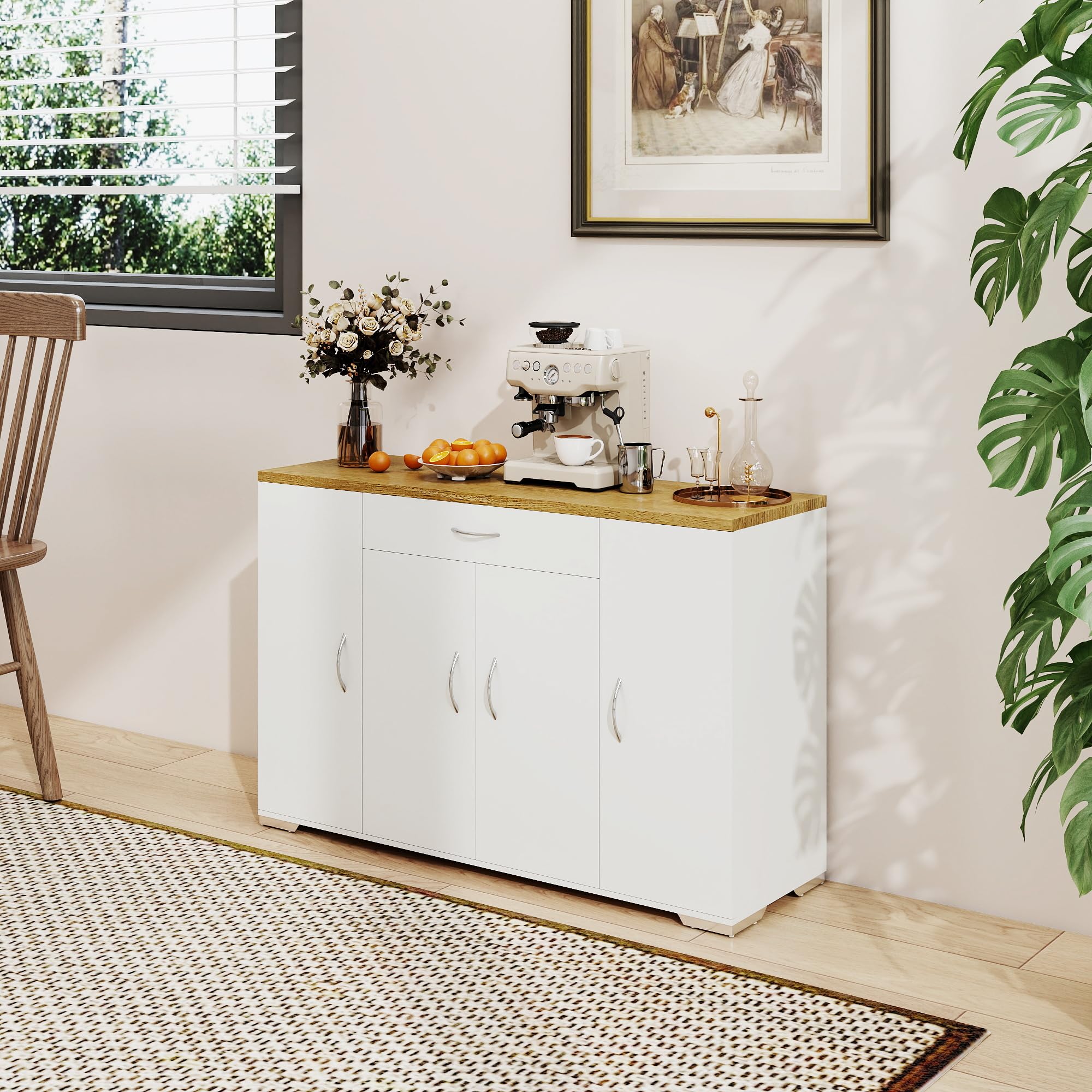 Credenza Cucina Moderna 110×30×70 cm, Mobile Cucina Salvaspazio con 1 Cassetto e 4 Ante, Madia Cucina Antiribaltamento, Legno MDF, Bianca