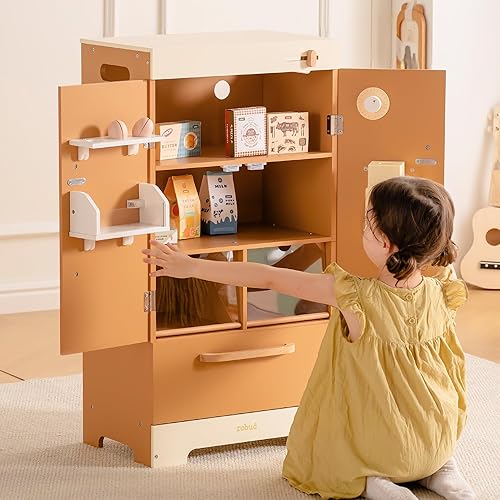 Miniatura 3 de ROBUD Refrigerador de cocina de madera, refrigerador de cocina de juguete, juego de refrigerador congelador para niños con máquina de hielo, juego