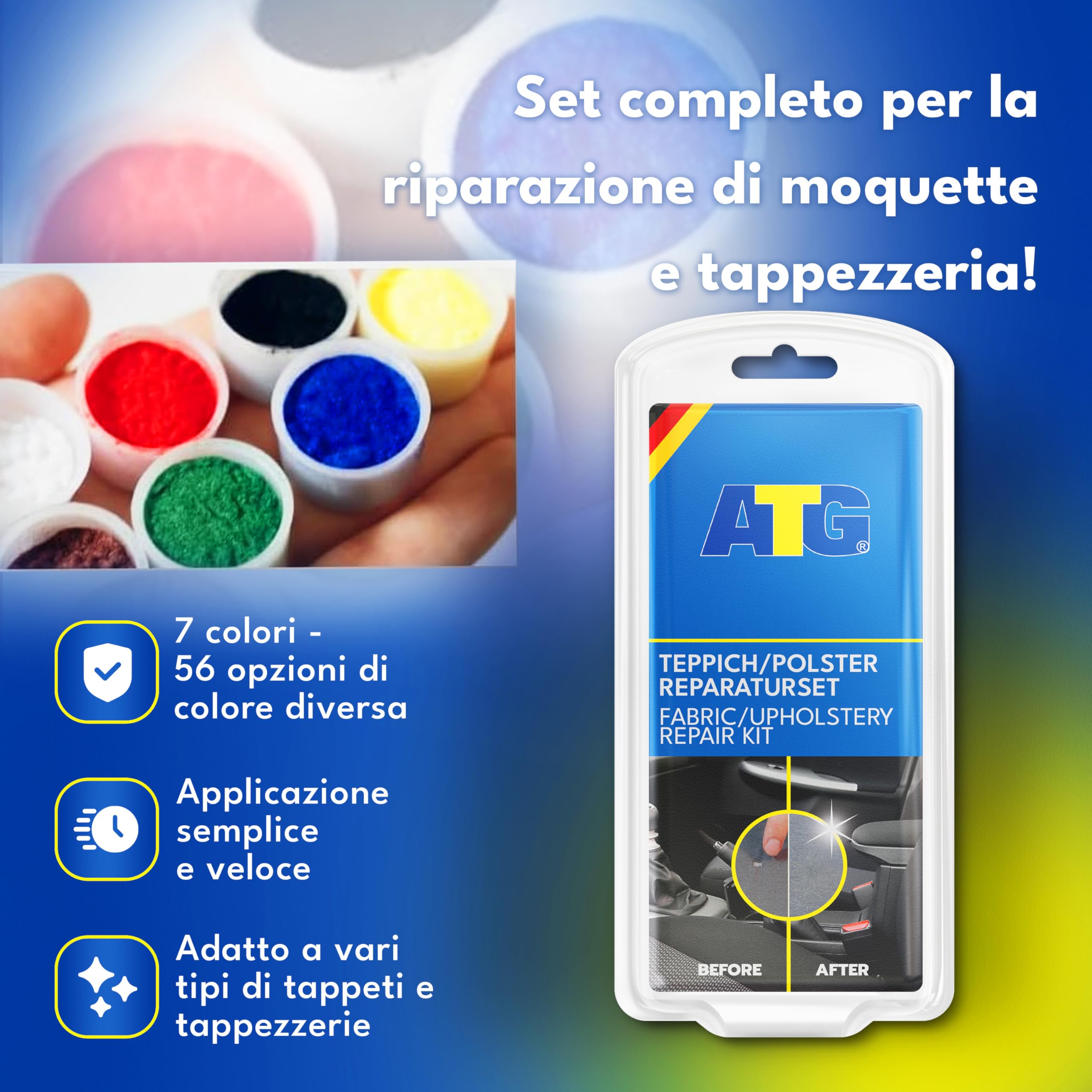 ATG® Kit riparazione sedili auto e tappezzeria – Riparazione tessuto per buchi, bruciature e strappi – 13 pezzi, 7 colori base miscelabili – Per auto, camion e casa
