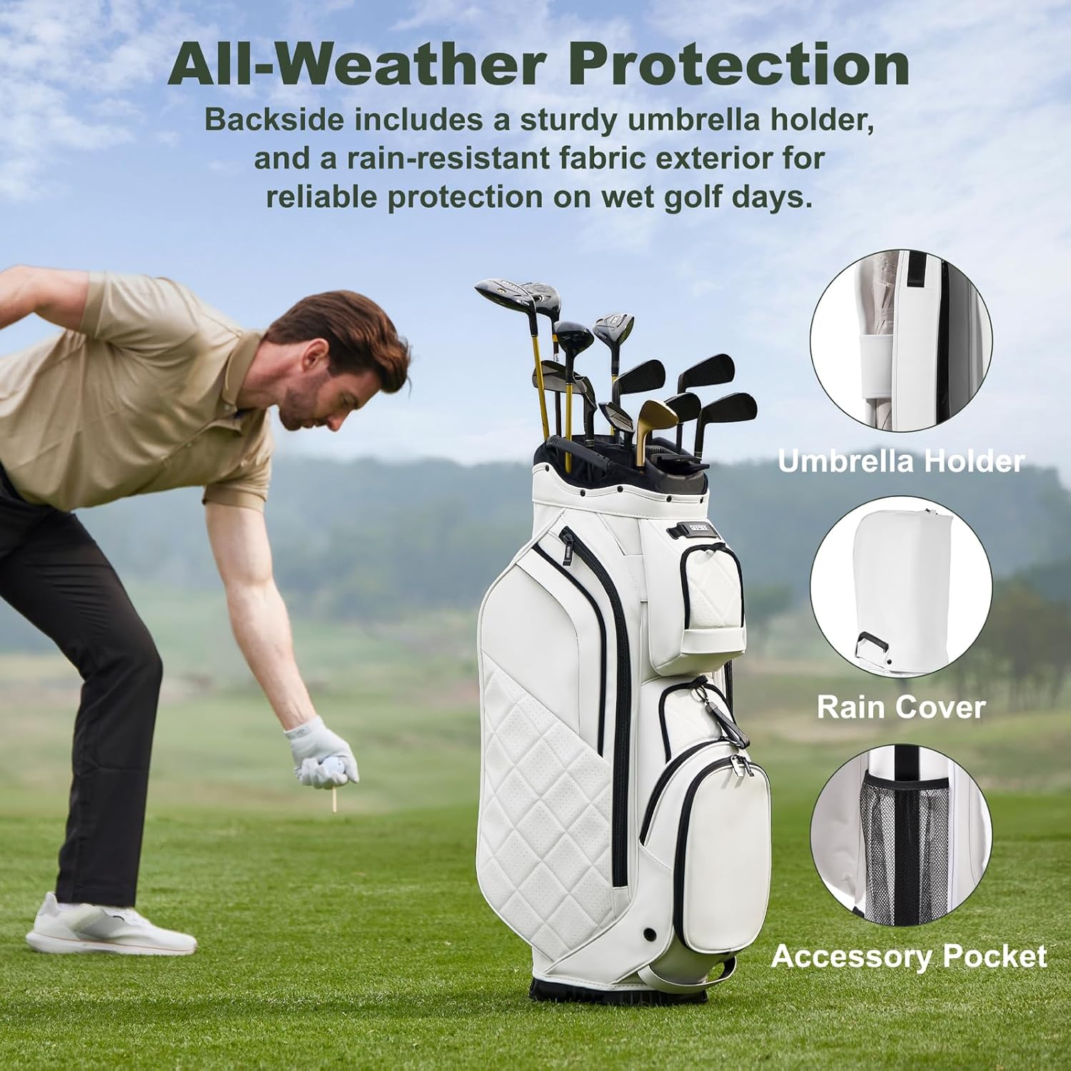 14 Way Golf Cart Bag with Premium PU Leather, Lightweight Golf Bag for Men and Women, Multiple Pockets with Magnetic Pocket, Includes Rain Cover