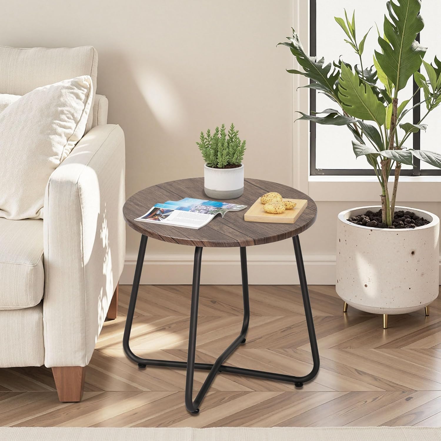 VECELO Outdoor Side Table,17.7 inch Patio Small Round End Table,Waterproof Wood Table with Weather Resistant Steel Adjustable Feet for Living Room Bedroom Garden Yard Balcony Porch Poolside