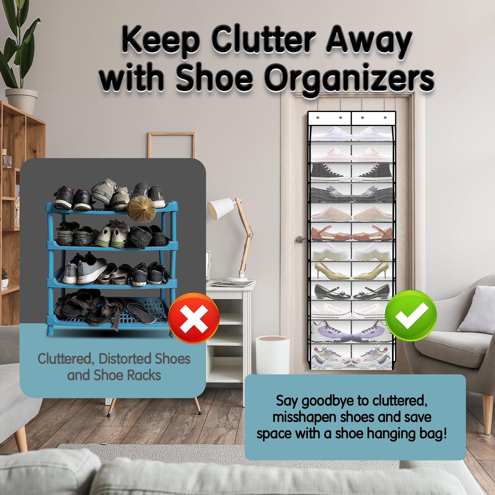 Kotkn 12 organizadores de zapatos colgantes de PVC para colgar sobre la puerta, organizador de zapatos para armario con bolsillos grandes y profundos, zapatero estrecho para colgar en la puerta