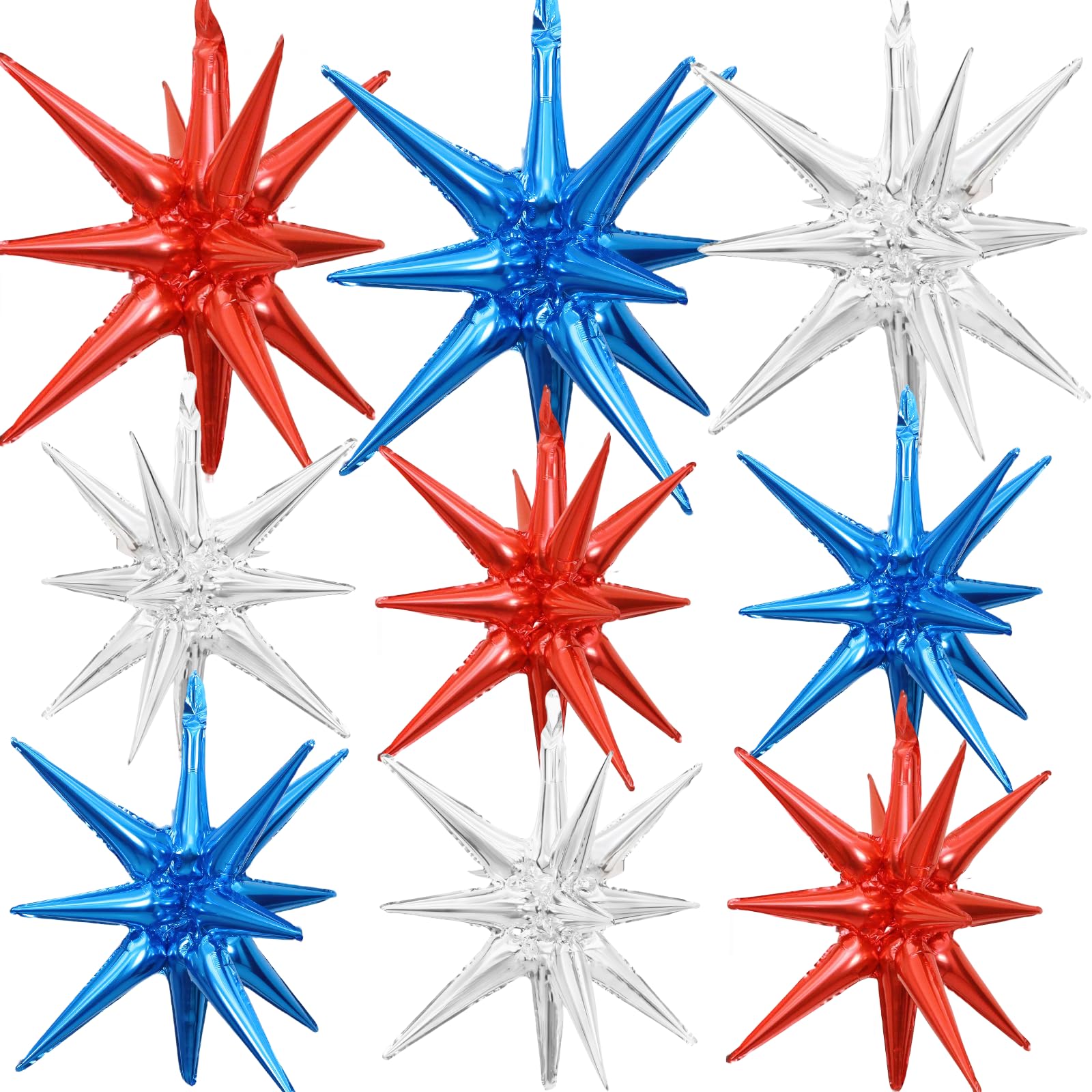 9 Pieces Red White Blue Explosion Star Balloons, Large 27 & 22 Inches 14-Pointed One-Piece Cone Stars Fireworks Foil Balloons for 4th of July,