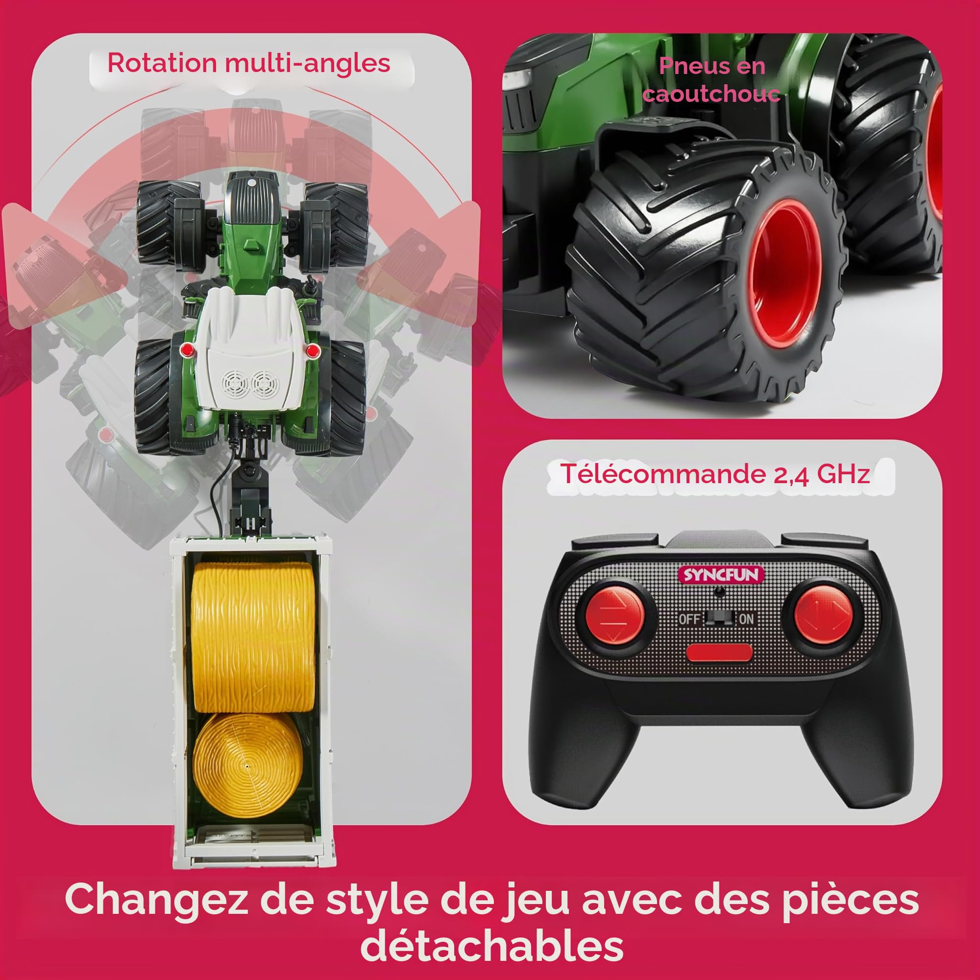 SYNCFUN Ensemble de Jouets Tracteur télécommandé Grand véhicule agricole avec remorque, Chargeur, lumières et Sons
