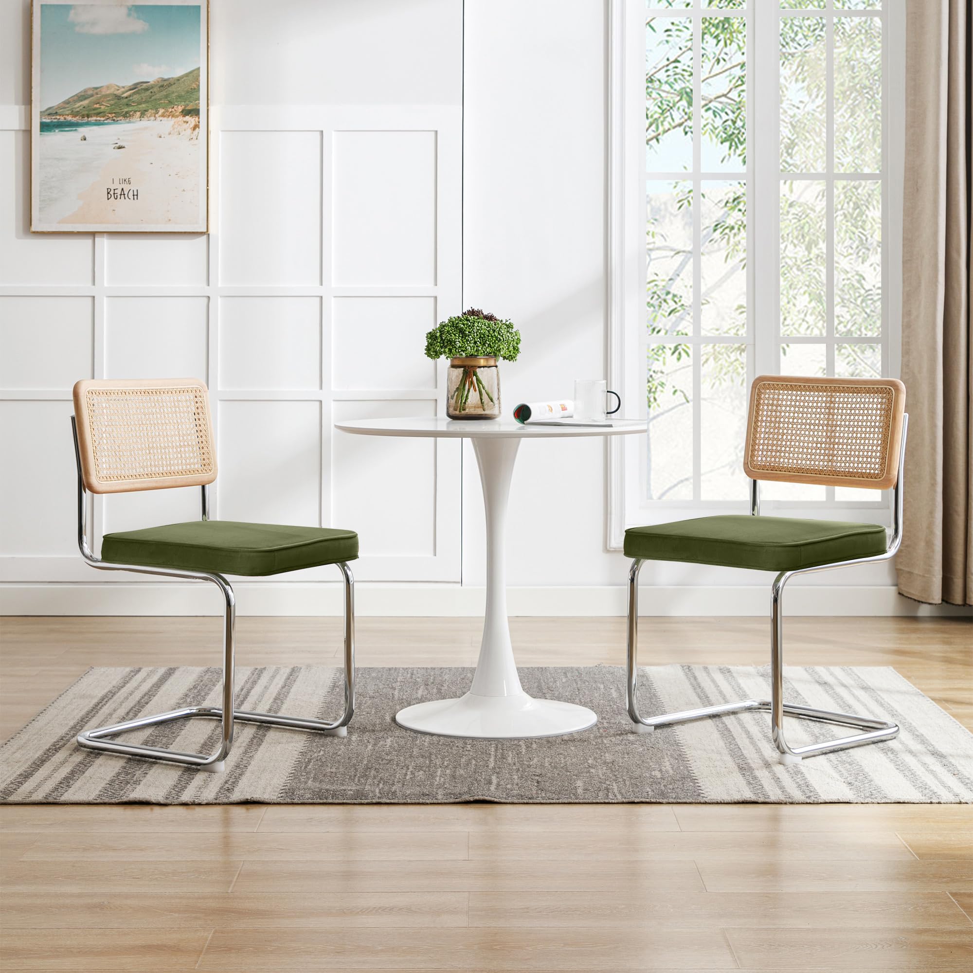 Dining Chairs Set of 4, Velvet Accent Chairs with Natural Cane Back & Stainless Chrome Base, Modern Mid Century Breuer Designed Chairs, Upholstered Rattan Dining Room Kitchen Chairs