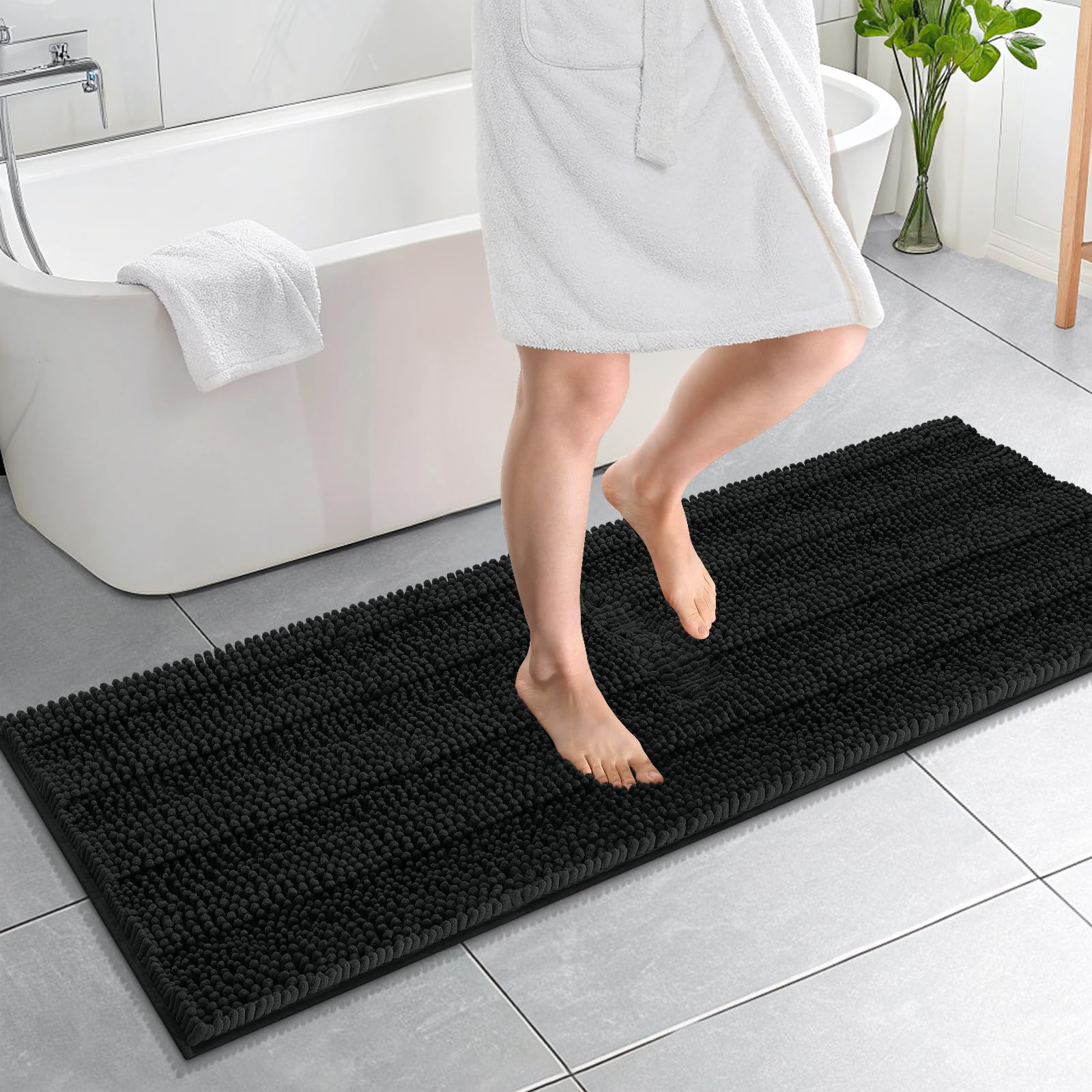 OLANLY Thick Bathroom Runner Rugs 59x20, Chenille Long Bath Rugs, Black