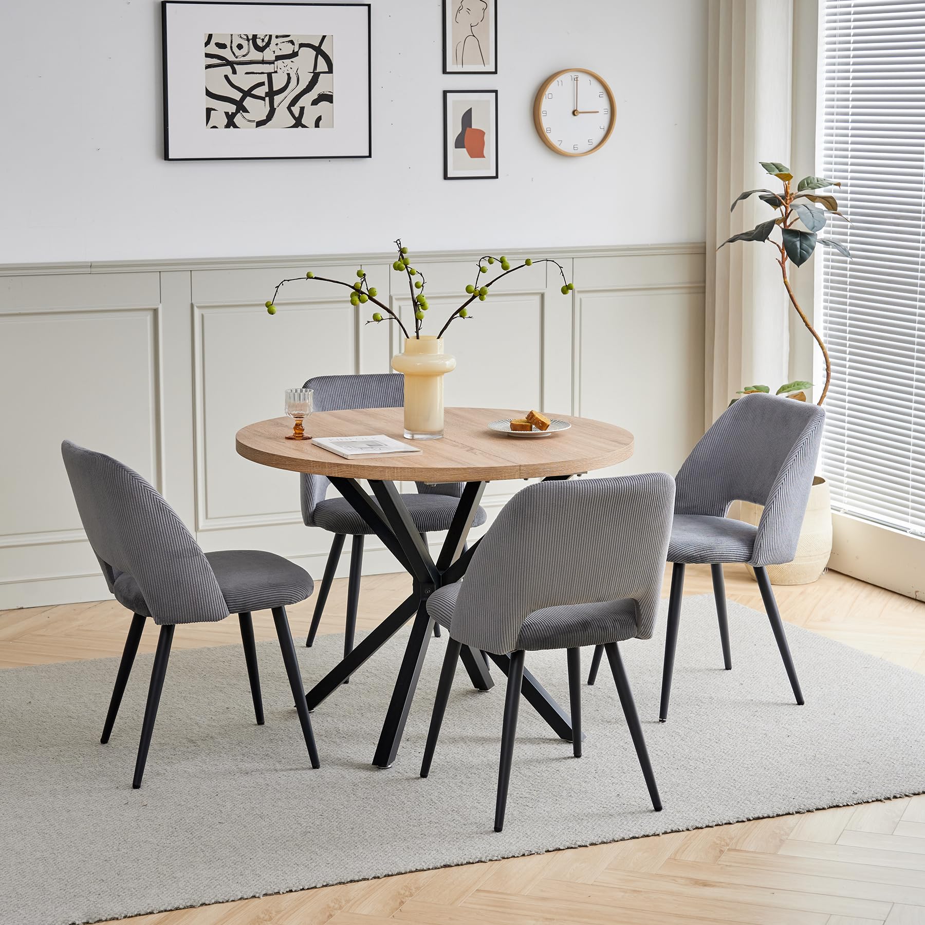 Esstischgruppe mit 4 Stühlen, 100cm Runder Tisch mit 4 Gepolsterte Samt-Esszimmerstühle, Mittelcentury Modern Design für Küche, Wohnzimmer, Restaurants (Helle Holzmaserung+Grau)
