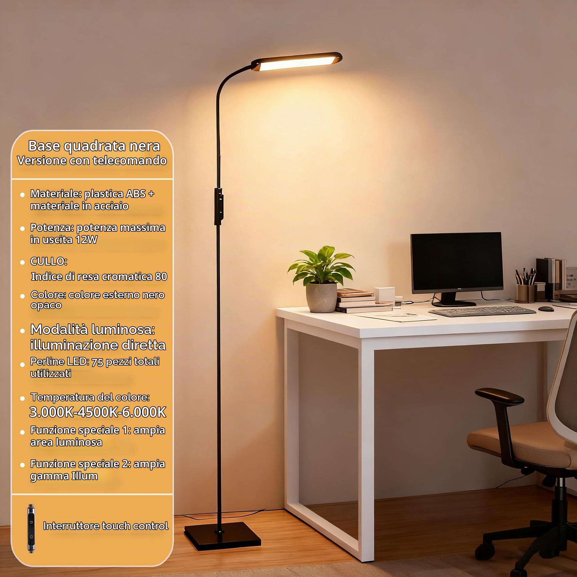 Lampada da terra LED moderna per soggiorno, regolabile, ideale per camera da letto, ufficio e lettura. Luce soffusa e design minimalista per l’arredamento domestico.